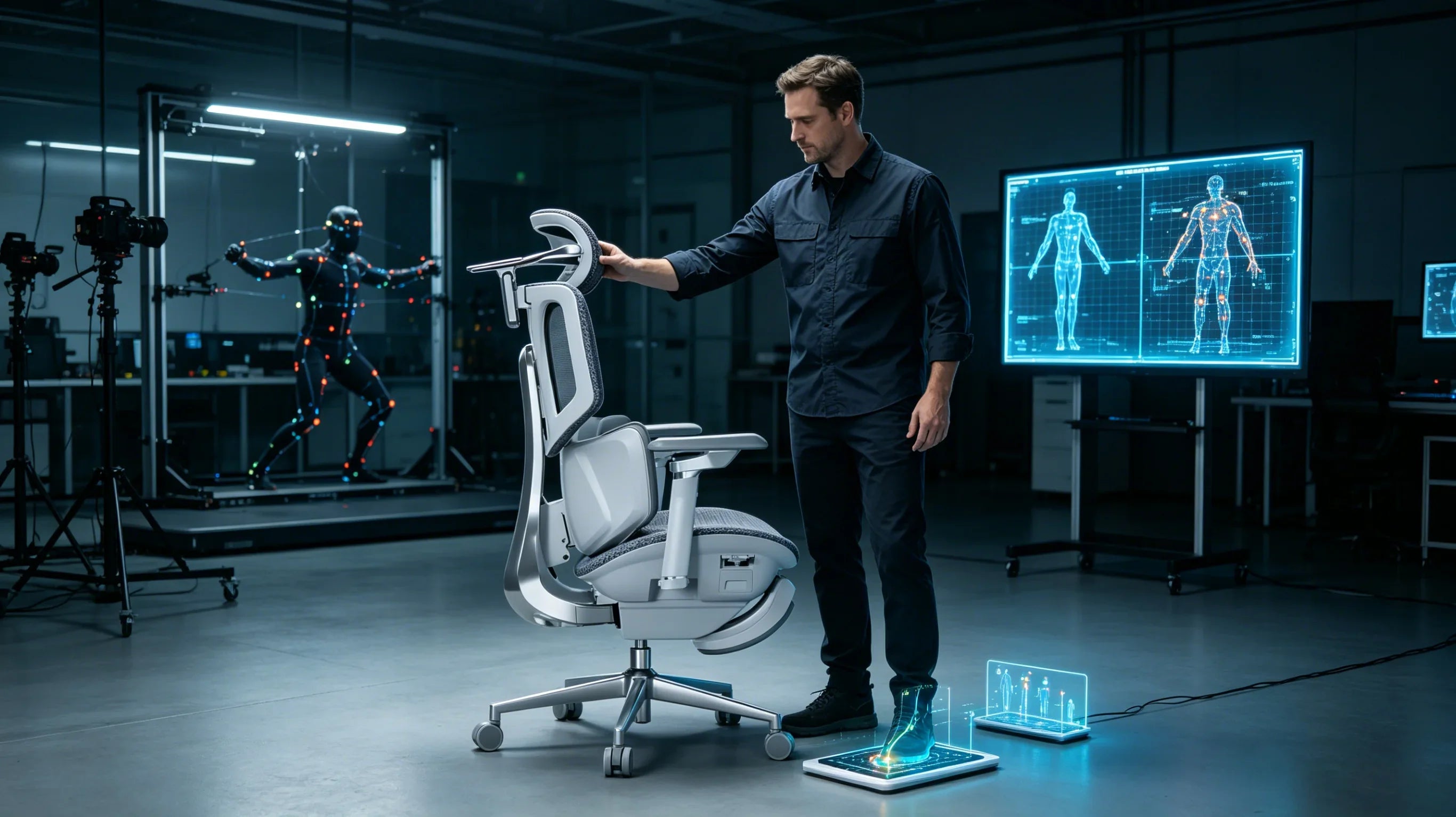 A professional European researcher calibrating his [**height adjustable office chair**] in a lab.