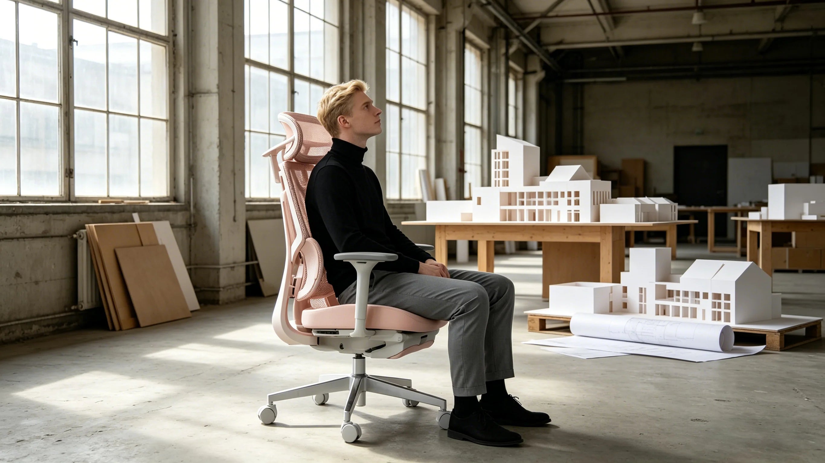 Lukas adjusting the vertical height of his pink [height adjustable office chair].
