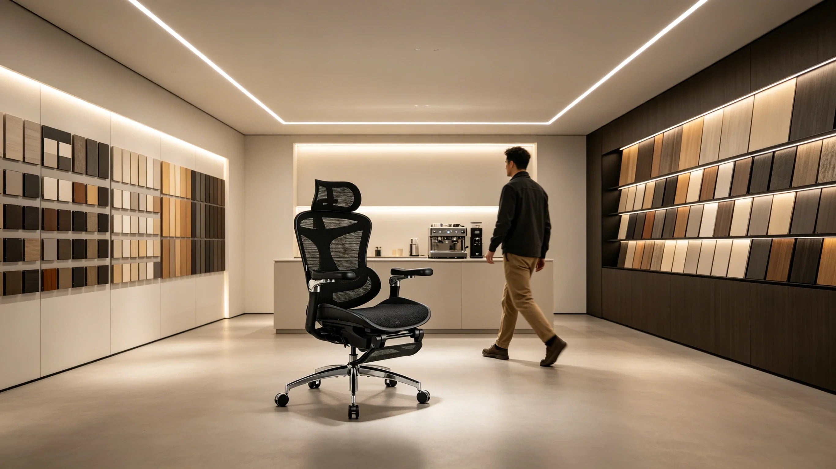 Full body view of a 35-year-old male architect in a navy polo sitting in the [office chair back support] chair.