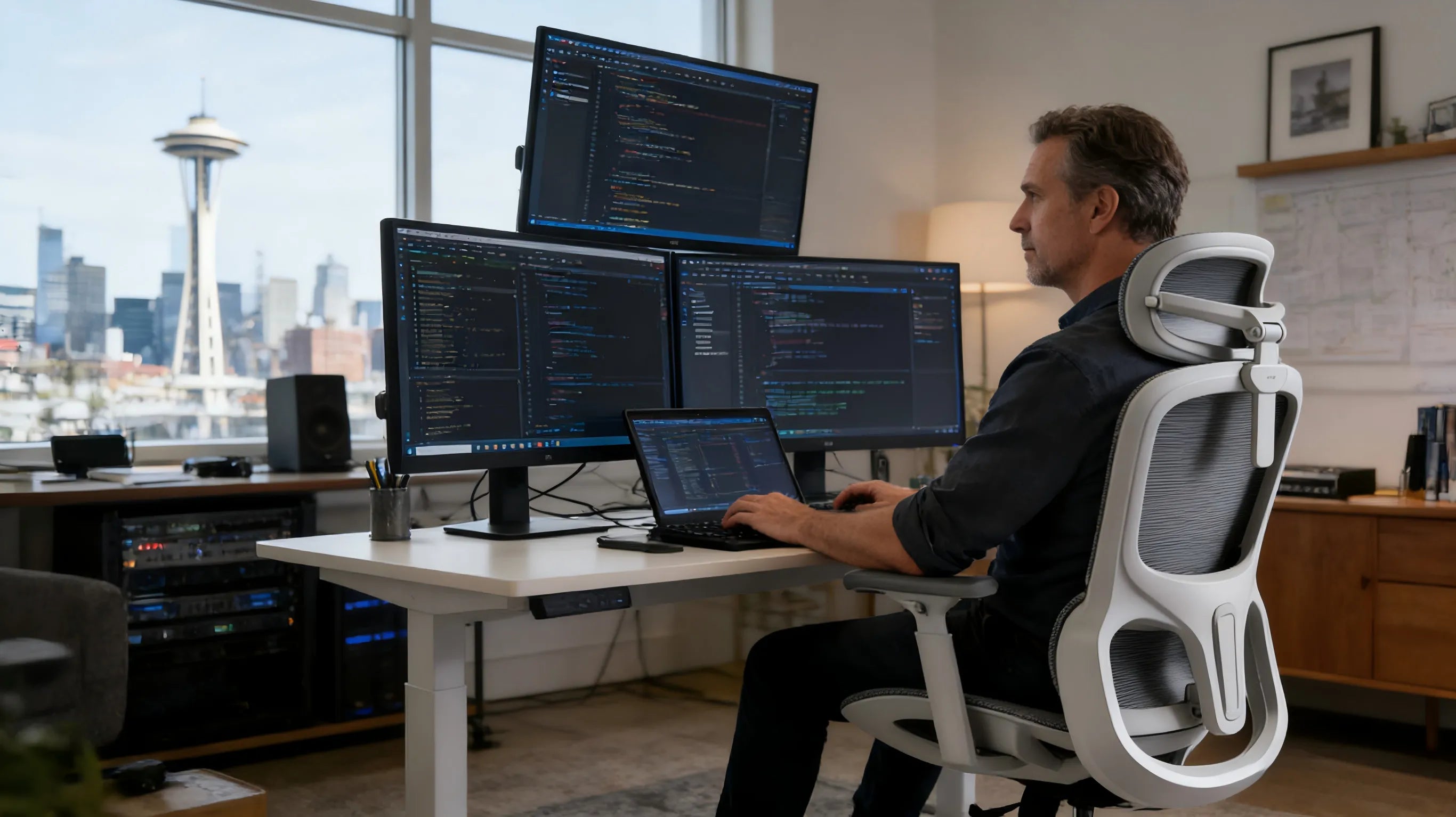 A professional IT architect in Seattle using a white-framed office chair in a modern tech studio.
