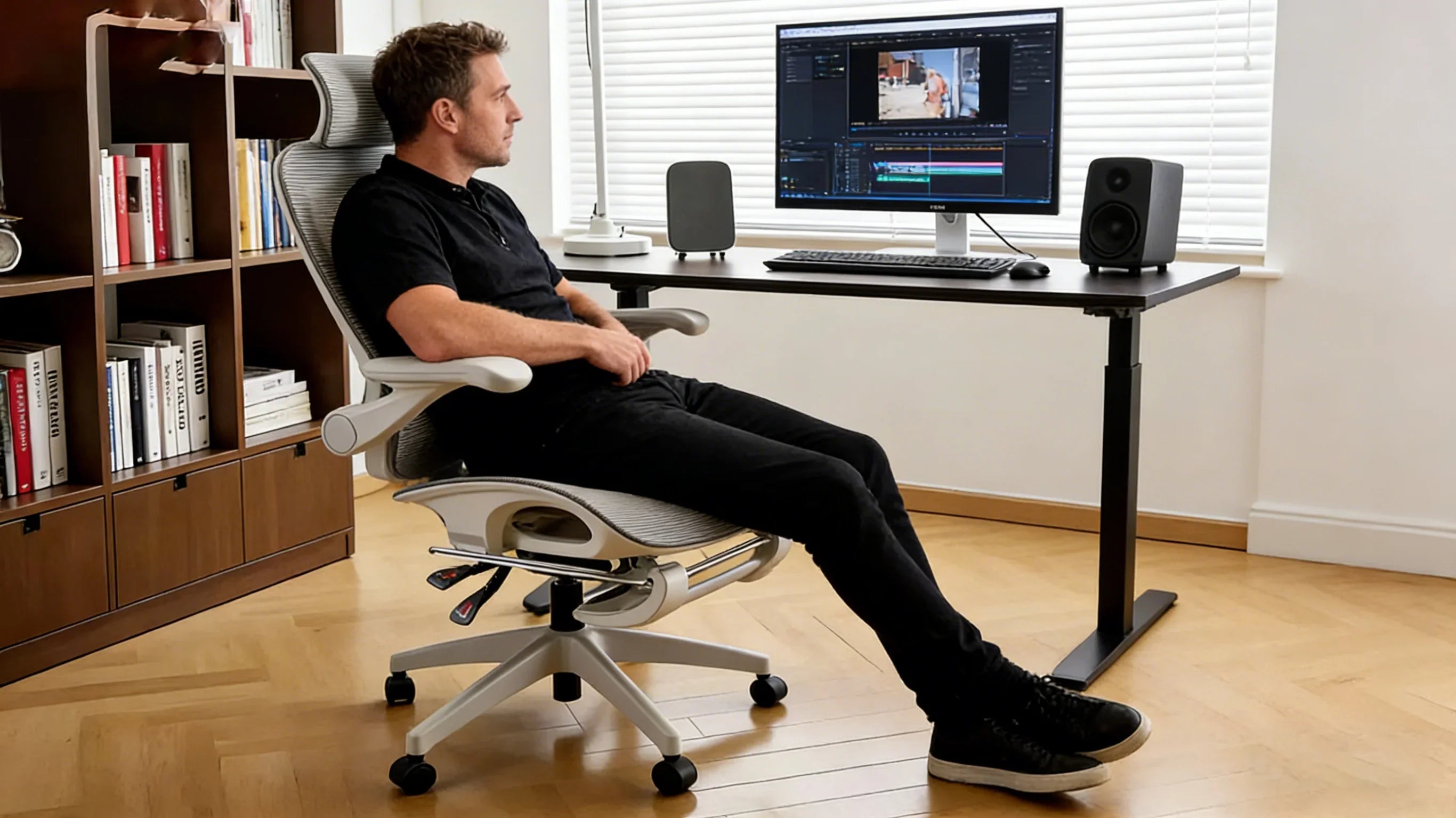 A creative film editor in London sitting in a high-performance ergonomics office chair.