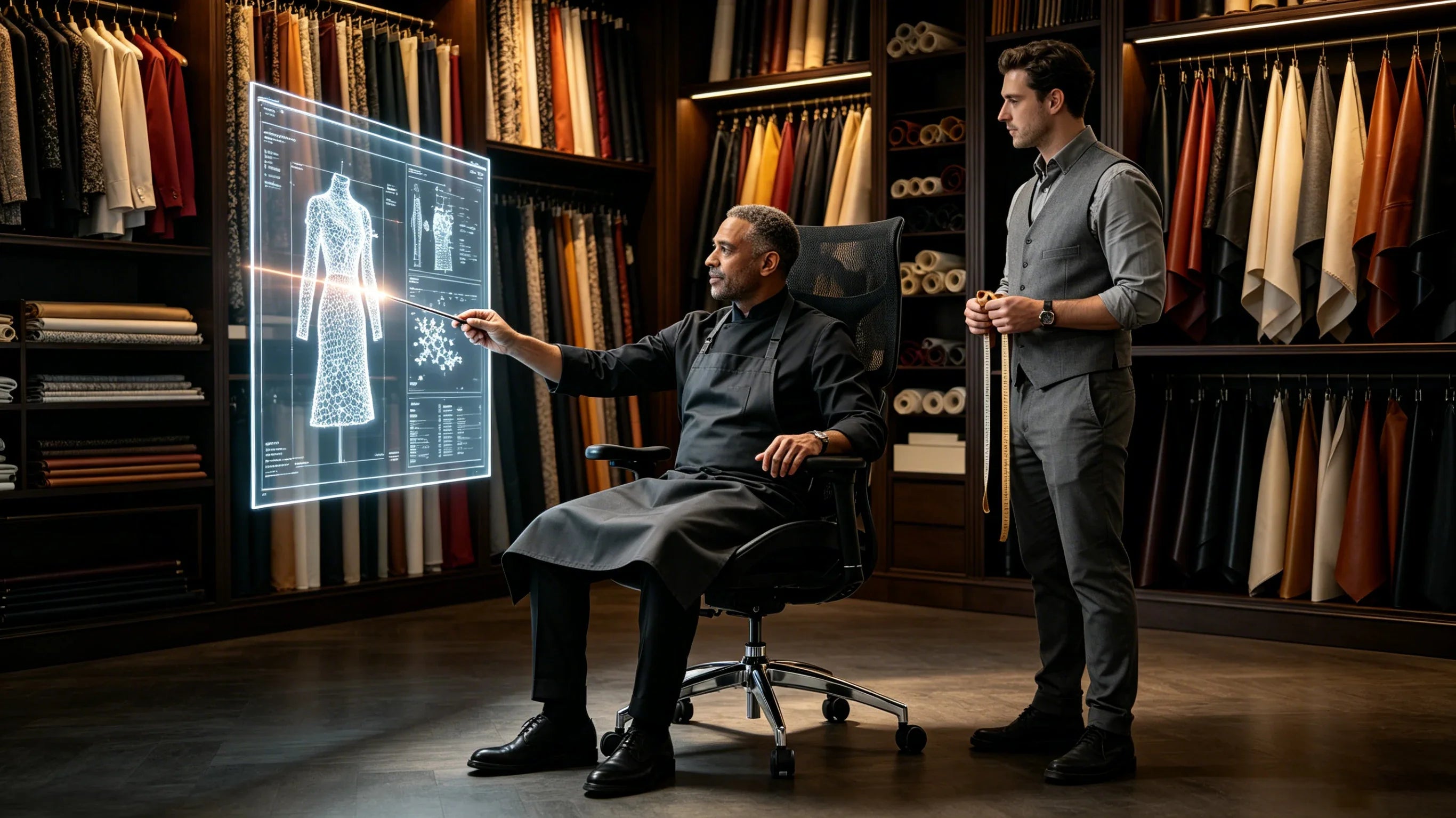 Full body shot of Cedric Vance sitting perfectly in the [office chair most comfortable] at a luxury pattern-drafting desk, total figure visible.