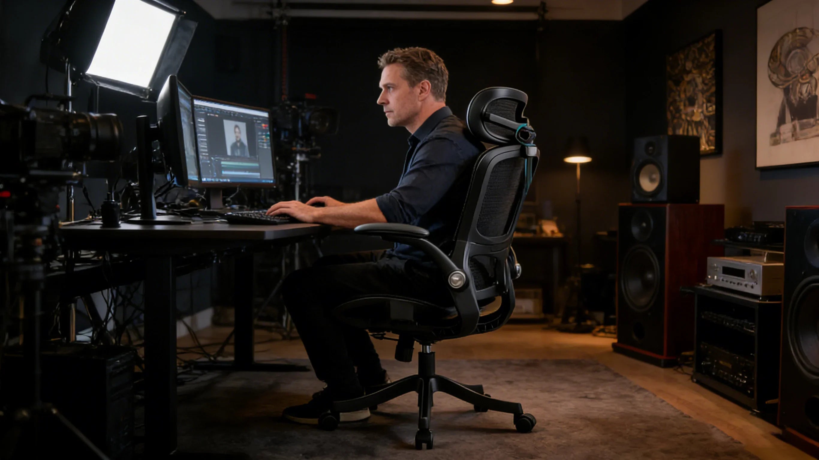 A digital artist in Toronto sitting in an industrial-design ergonomic office chair.