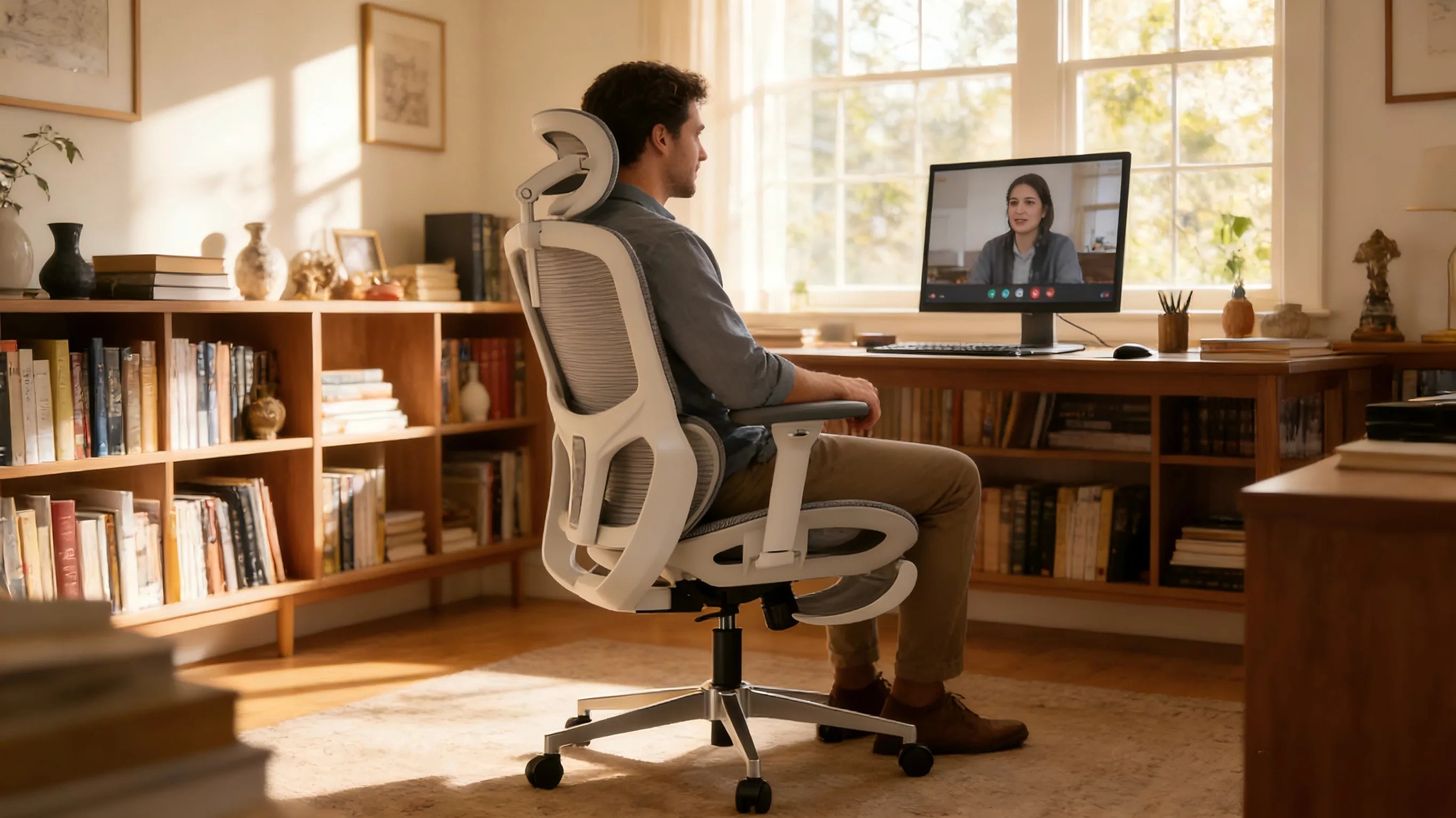 A modern home office setup featuring a white-framed ergo office chair with grey mesh and an adjustable headrest.