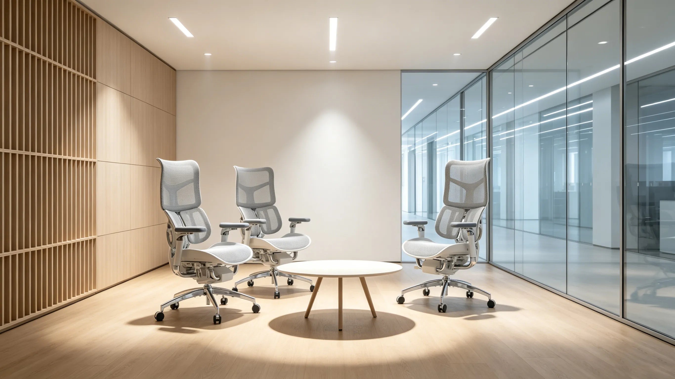 A modern corporate executive office containing the Gravity-Defying mesh office chair positioned at a large minimalist desk under clean architectural lighting.