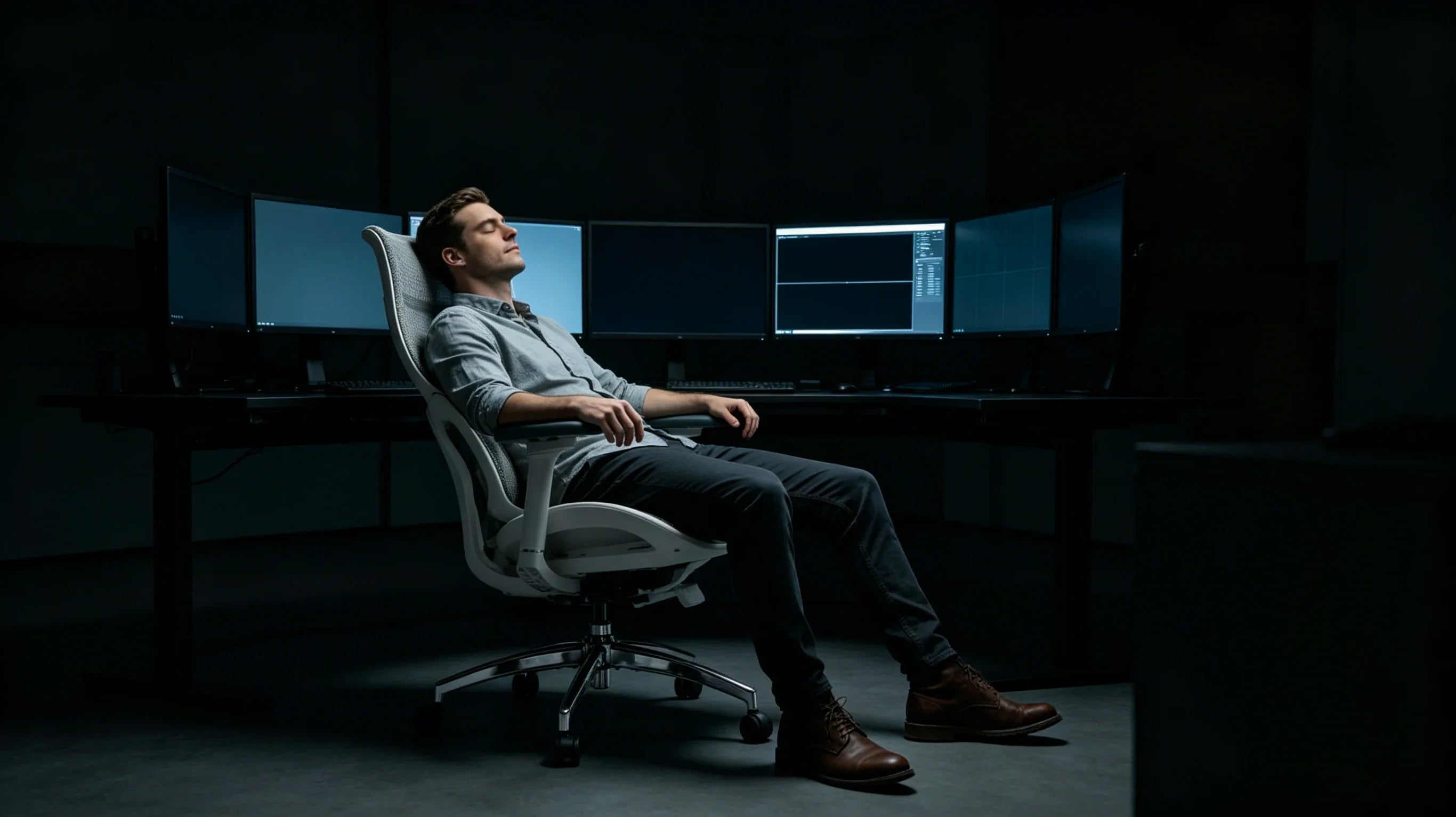 Full body shot of Jared, a Caucasian semiconductor scientist, sitting deeply in the [height adjustable office chair] inside an advanced cleanroom laboratory, total body visible from head to toe.