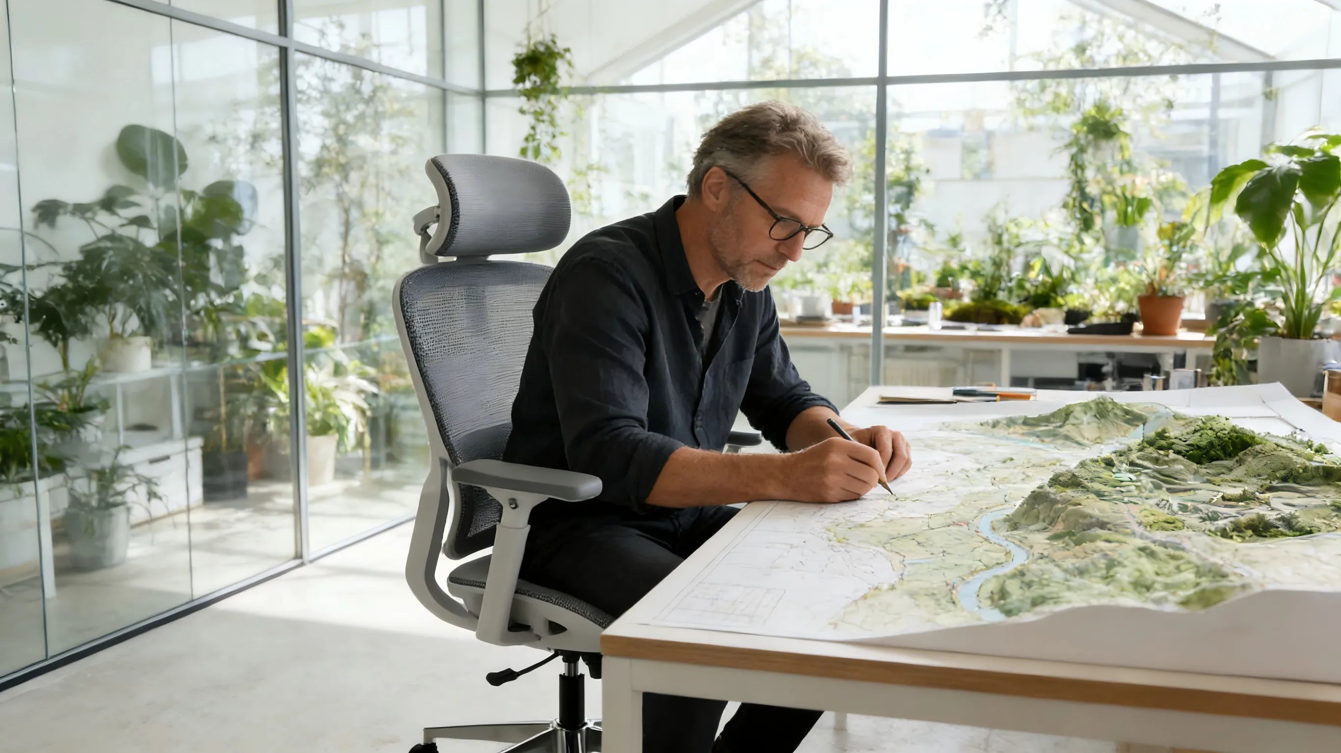 A professional landscape designer in a London studio using a white-framed ergonomic chair at a drafting desk.