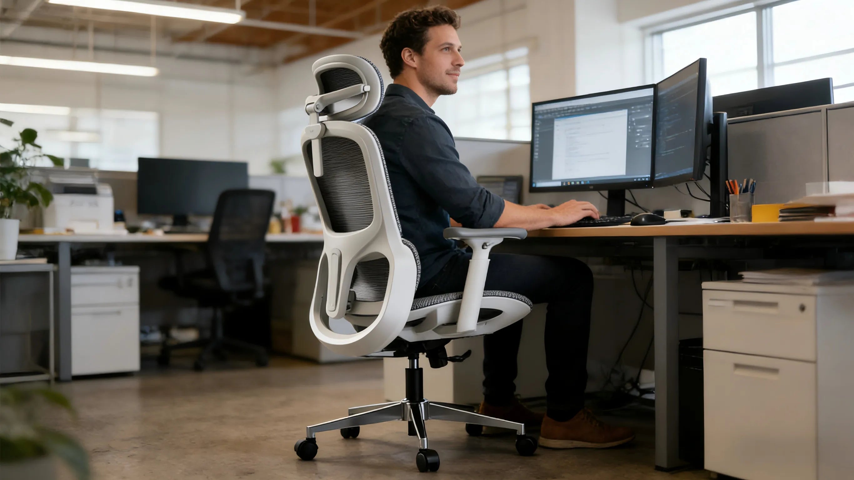 A professional tech lead in San Francisco inspecting an erganomic office chair.