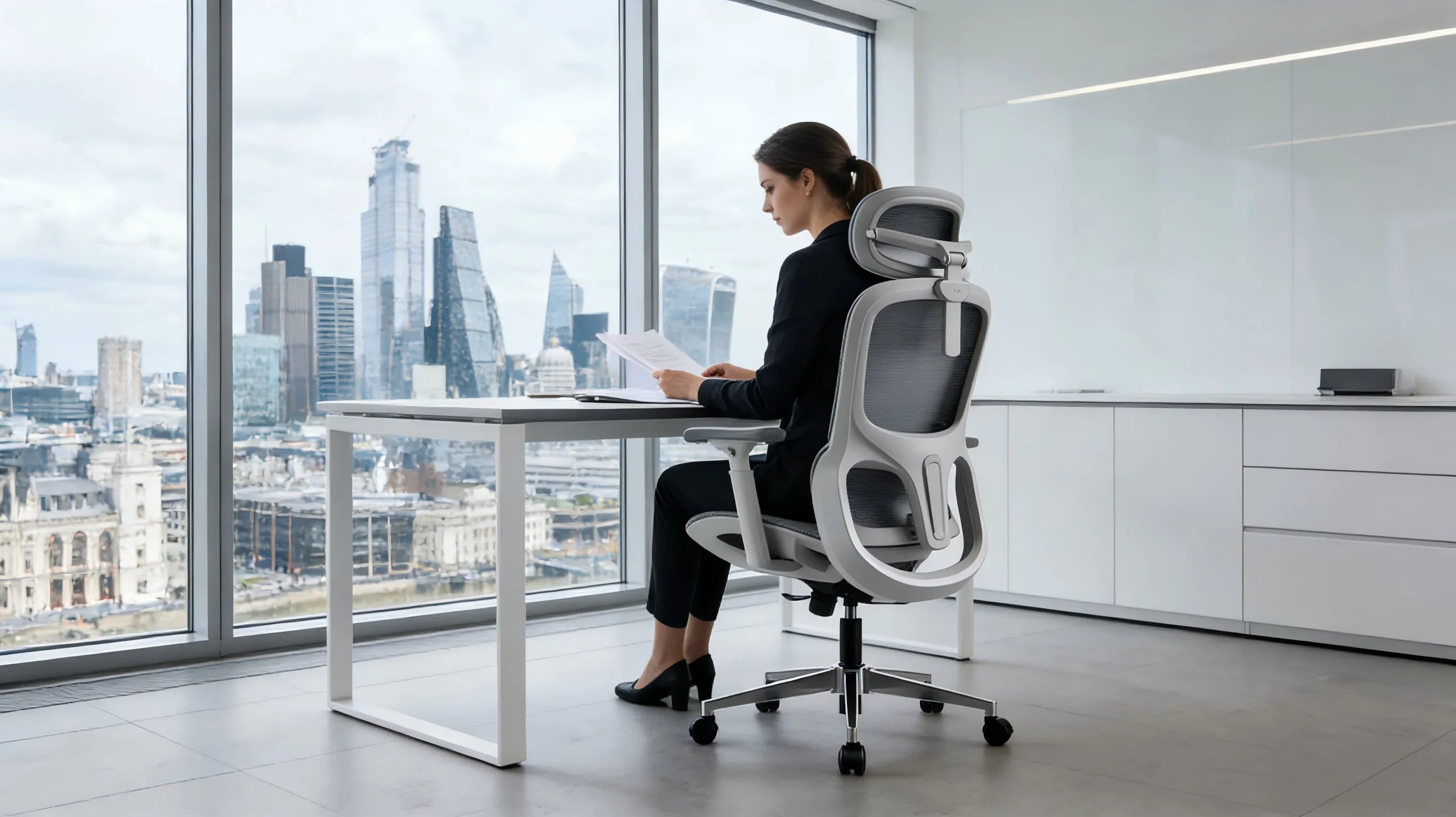A professional executive in a London office using a white-framed ergonomic chair at a high-end glass desk.