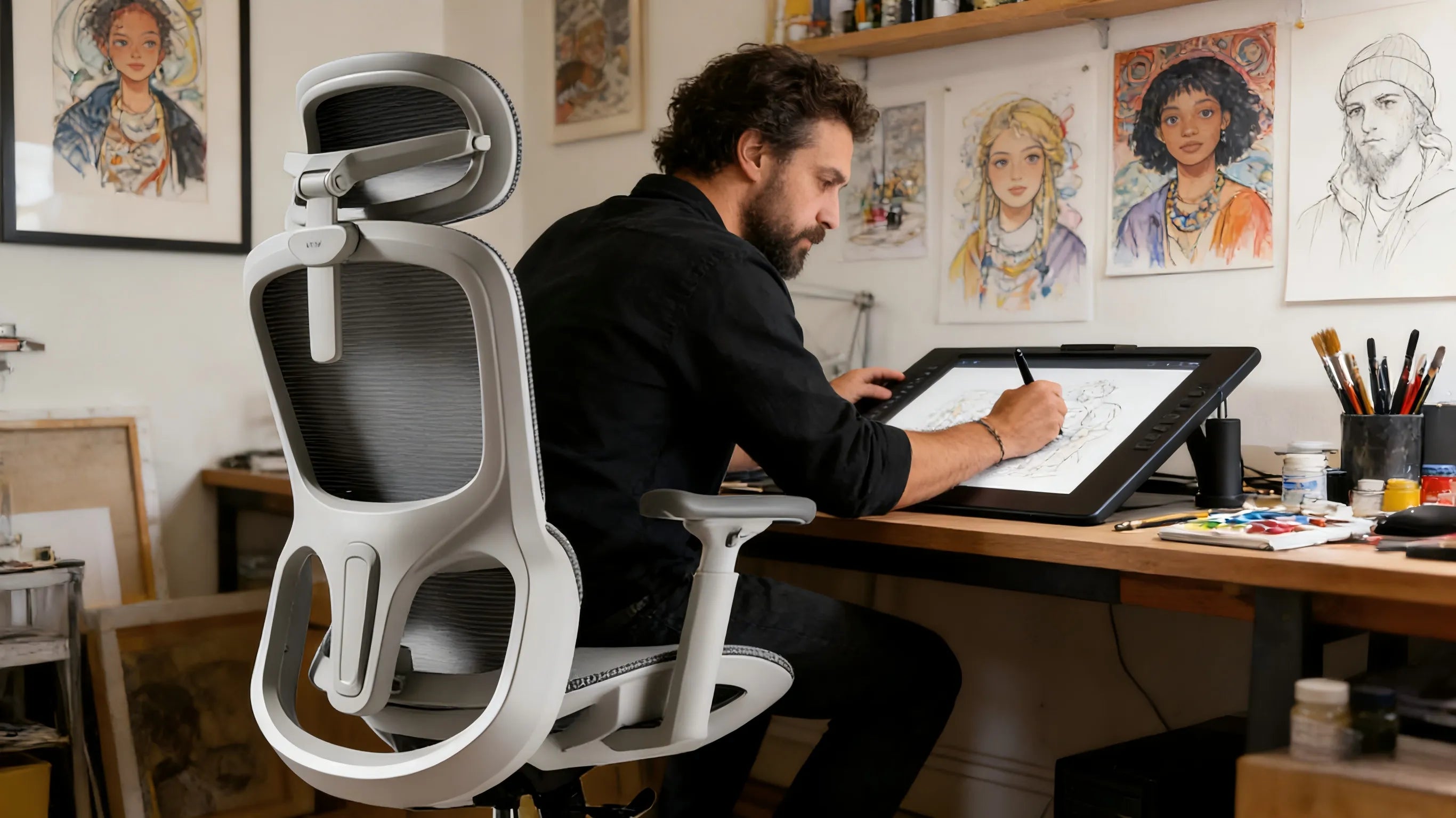 A professional illustrator in a Manhattan studio using a white-framed ergonomic chair at a digital drawing desk.