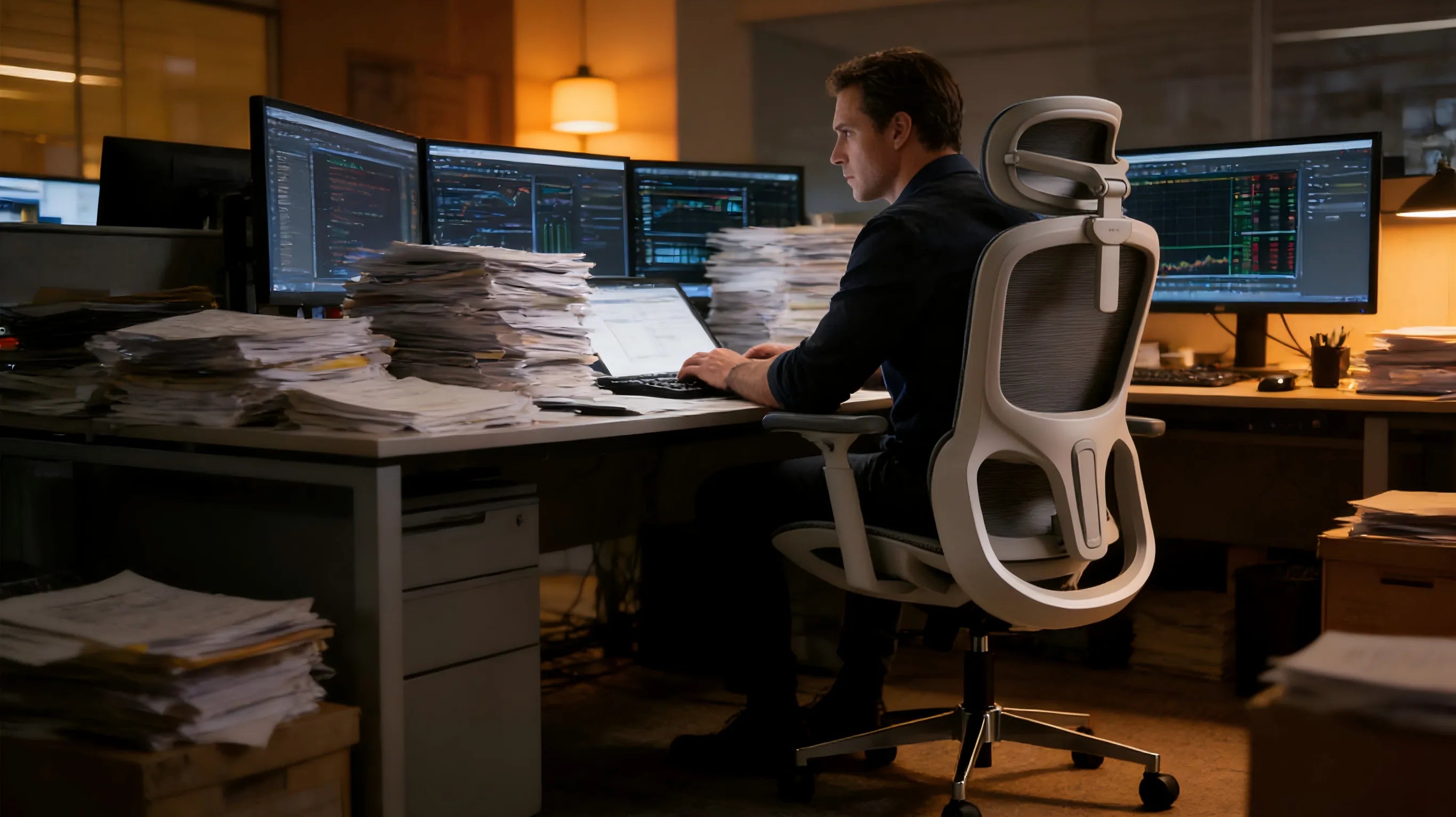 A professional business analyst in a Manhattan office using a white-framed ergodynamic office chair.