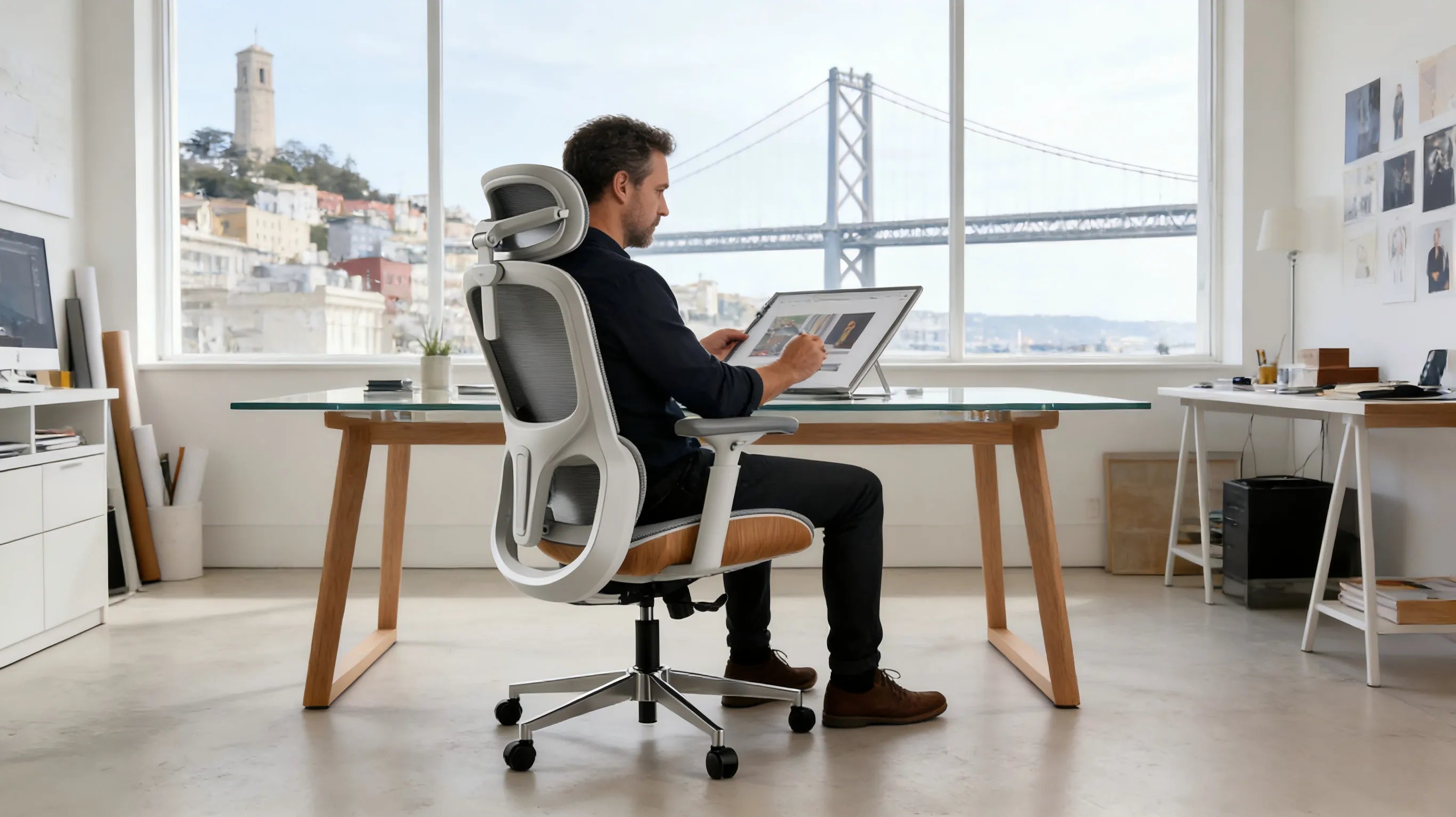A high-end creative studio in San Francisco featuring a white-framed ergonomic office seating solution.