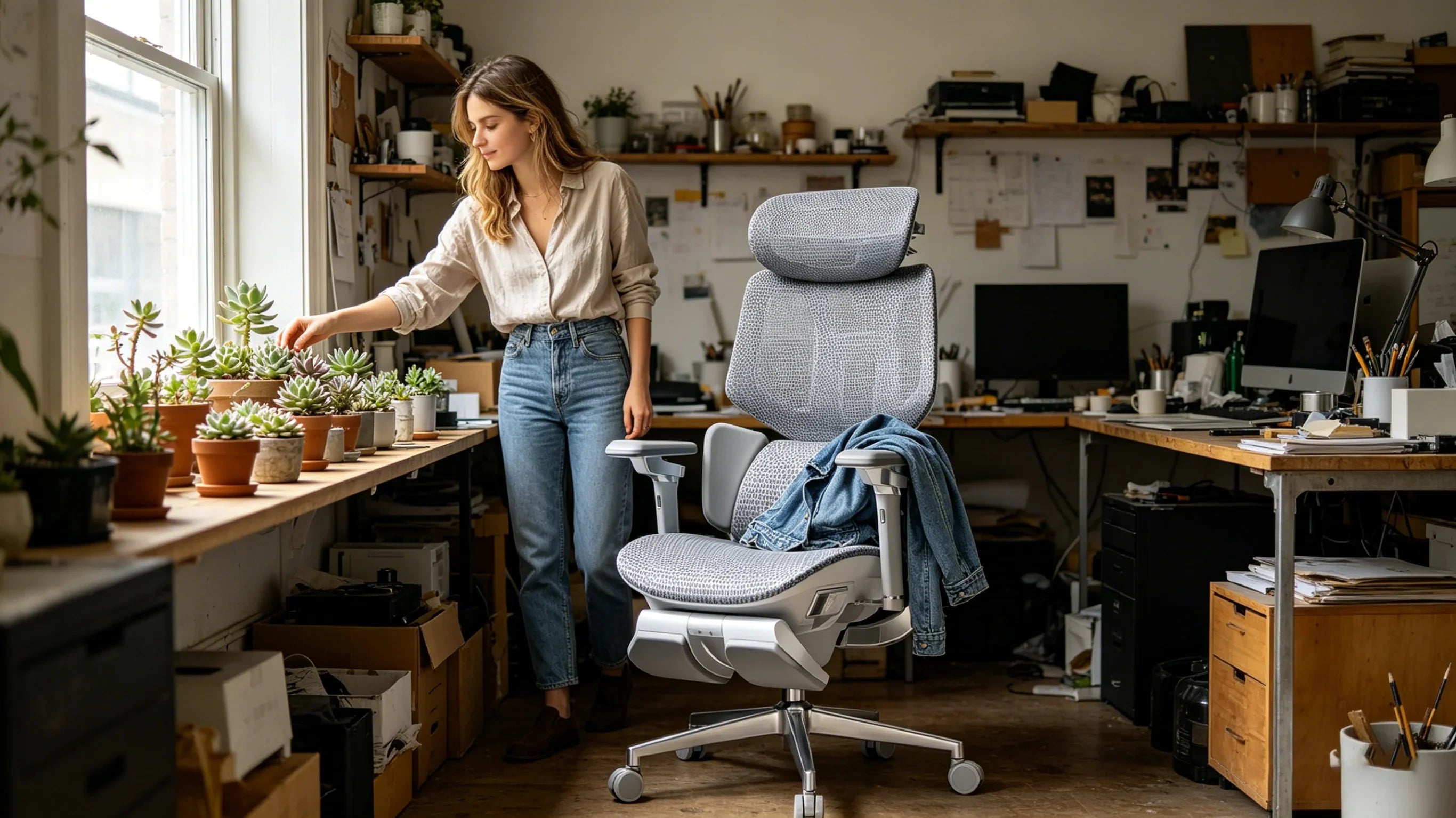 The sleek design of the [highest rated ergonomic chair] blending into a modern artistic home studio.