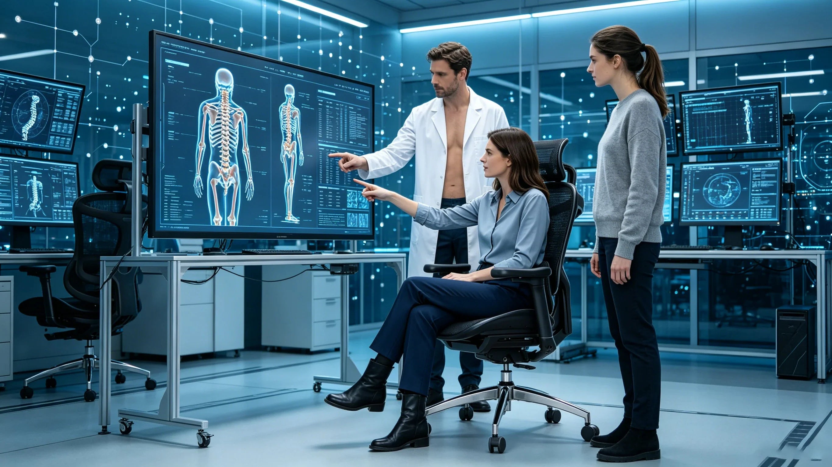 Full body view of a 44-year-old Caucasian female researcher in a light blue-grey shirt sitting in the [highest rated ergonomic chair].
