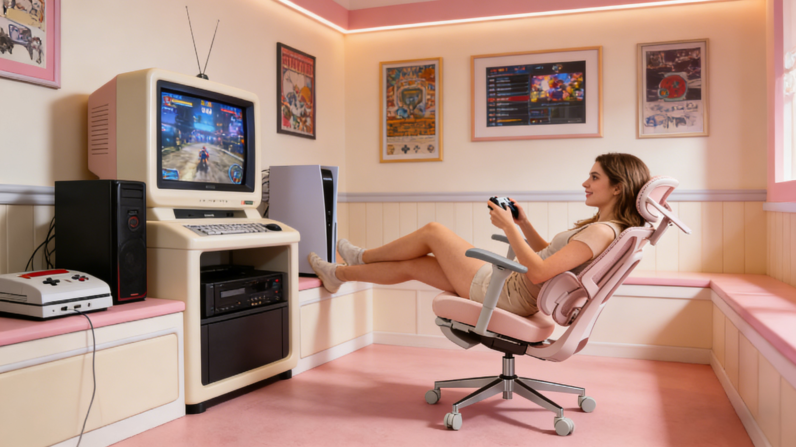 Immersive console gaming experience in a pink video game chair