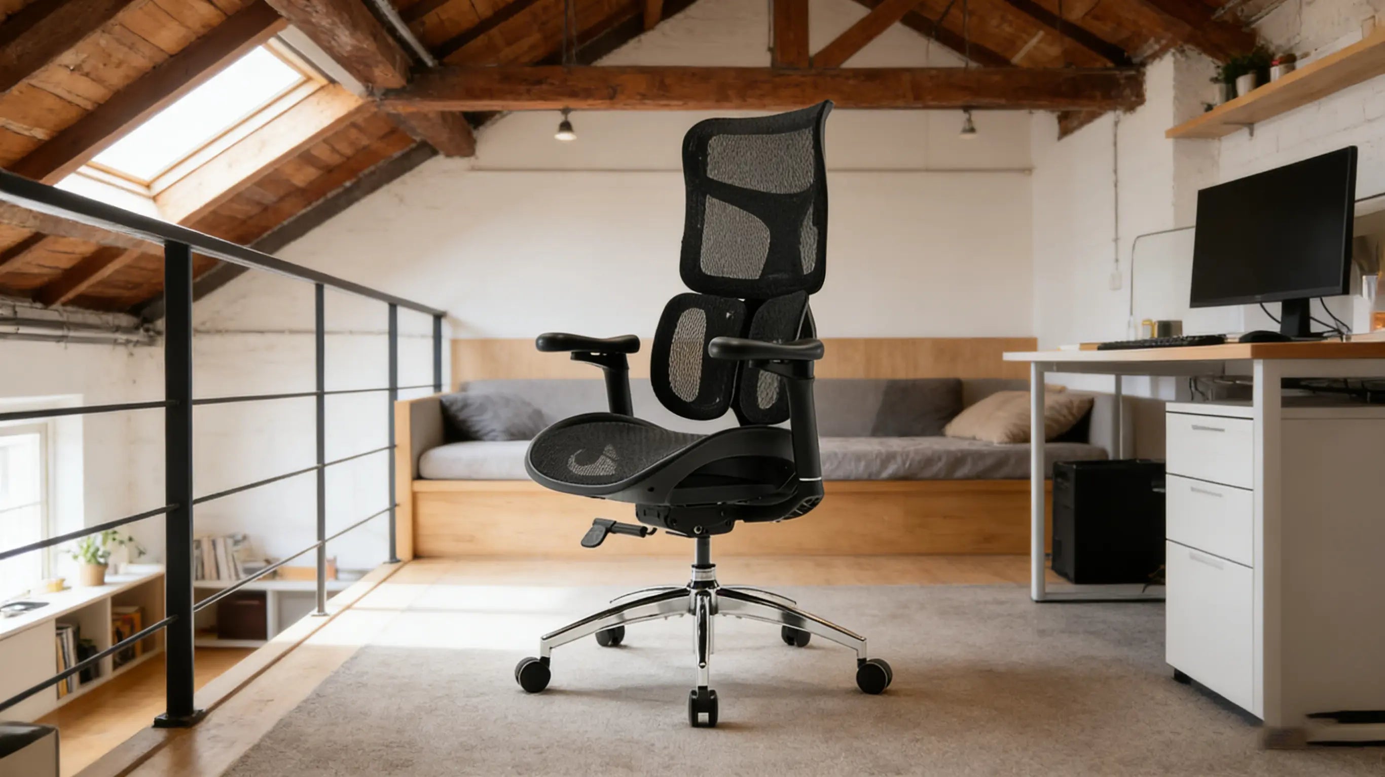 The Ergo Select Hybrid, a stylish and supportive home office chair, featured in a modern cozy home workstation.
