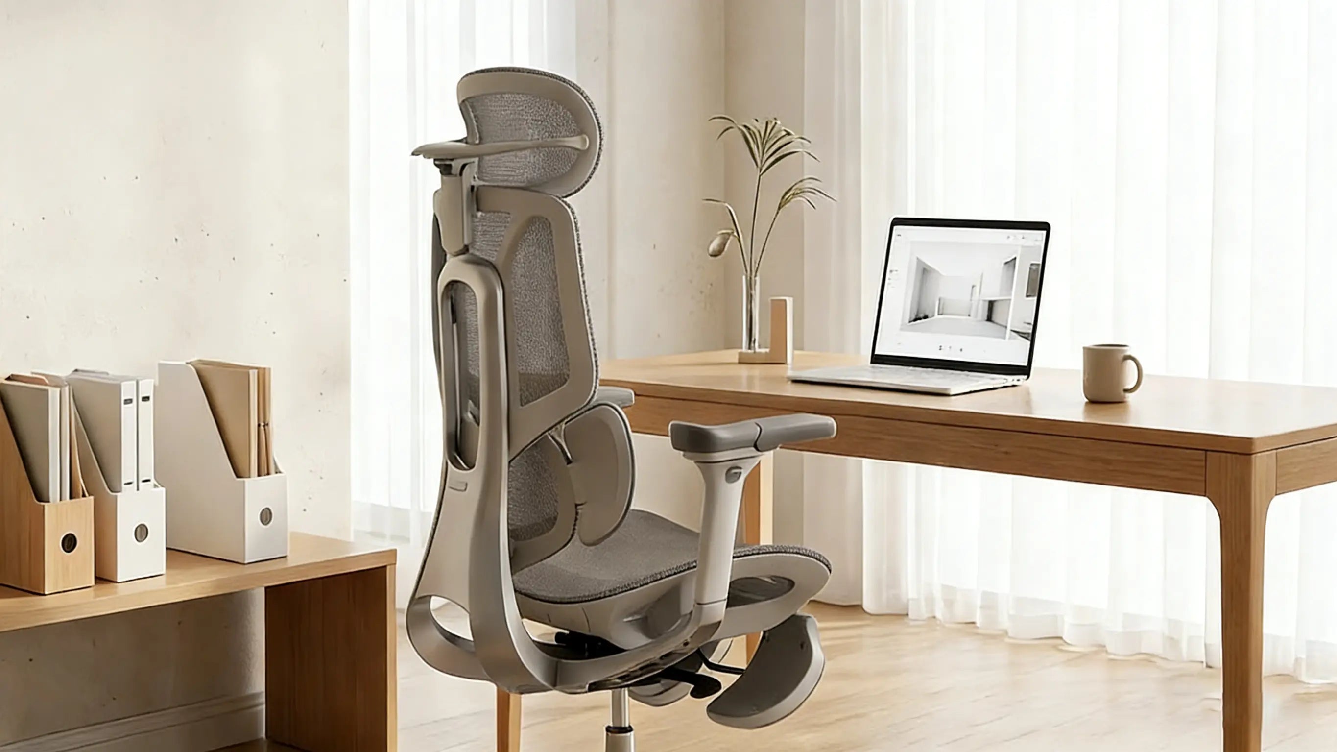 Height-adjustable ergometric office chair with a sleek frame for a productive workspace.