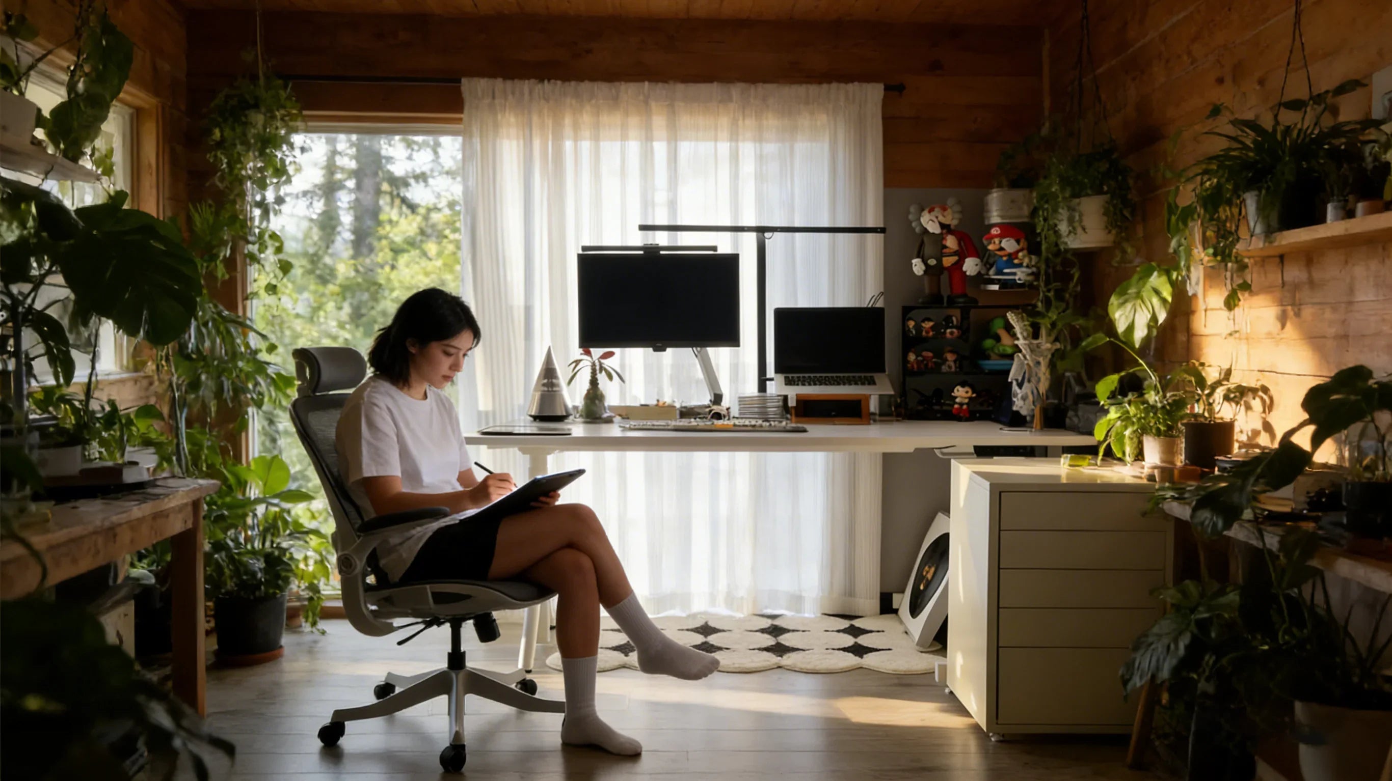 A senior brand strategist in a Portland studio sitting in a high-performance ergonomics chair.