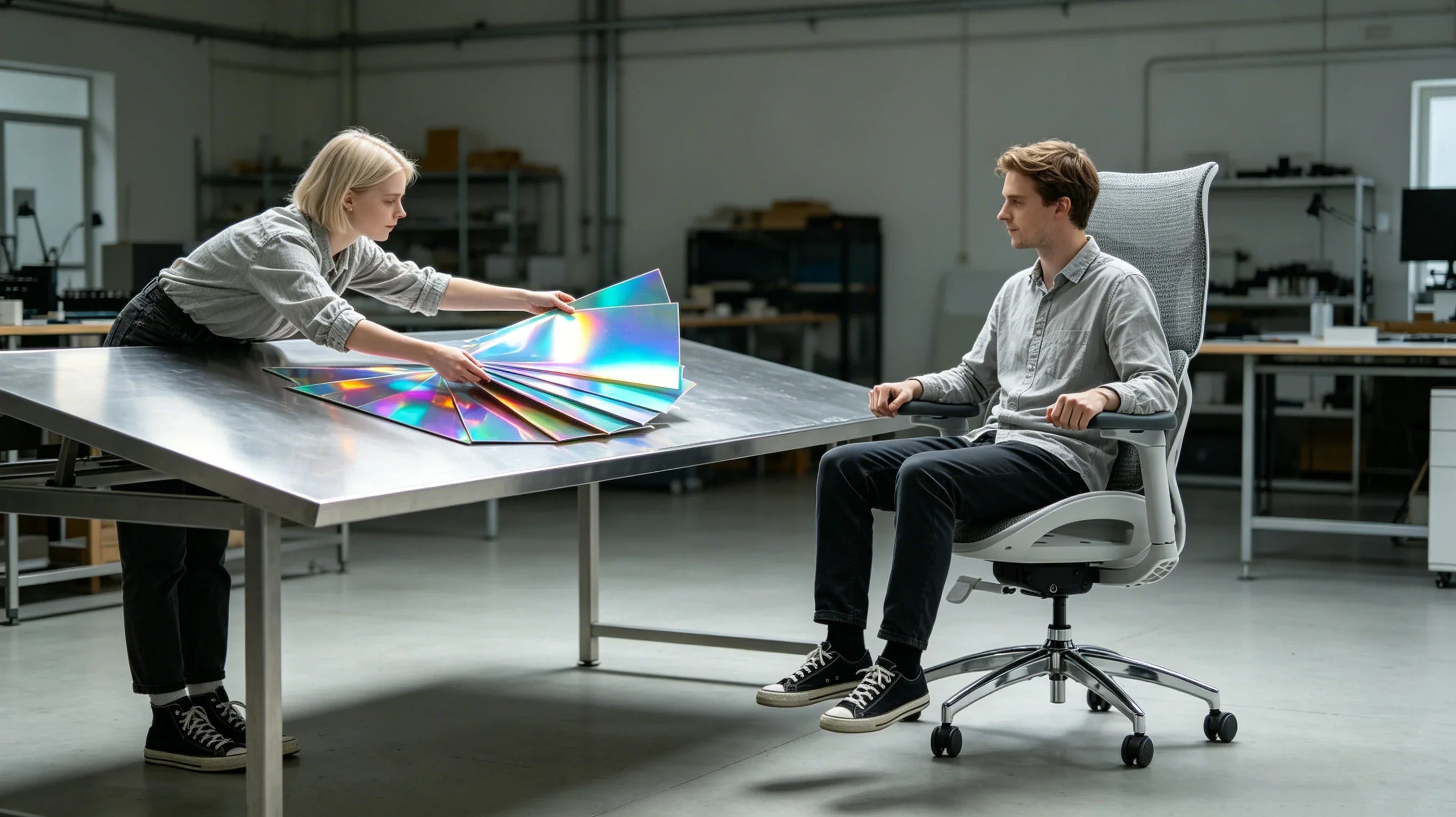 Full body shot of Aelred Gray kneeling on the [best ergonomic study chair] examining a translucent film sheet at the steel workbench.