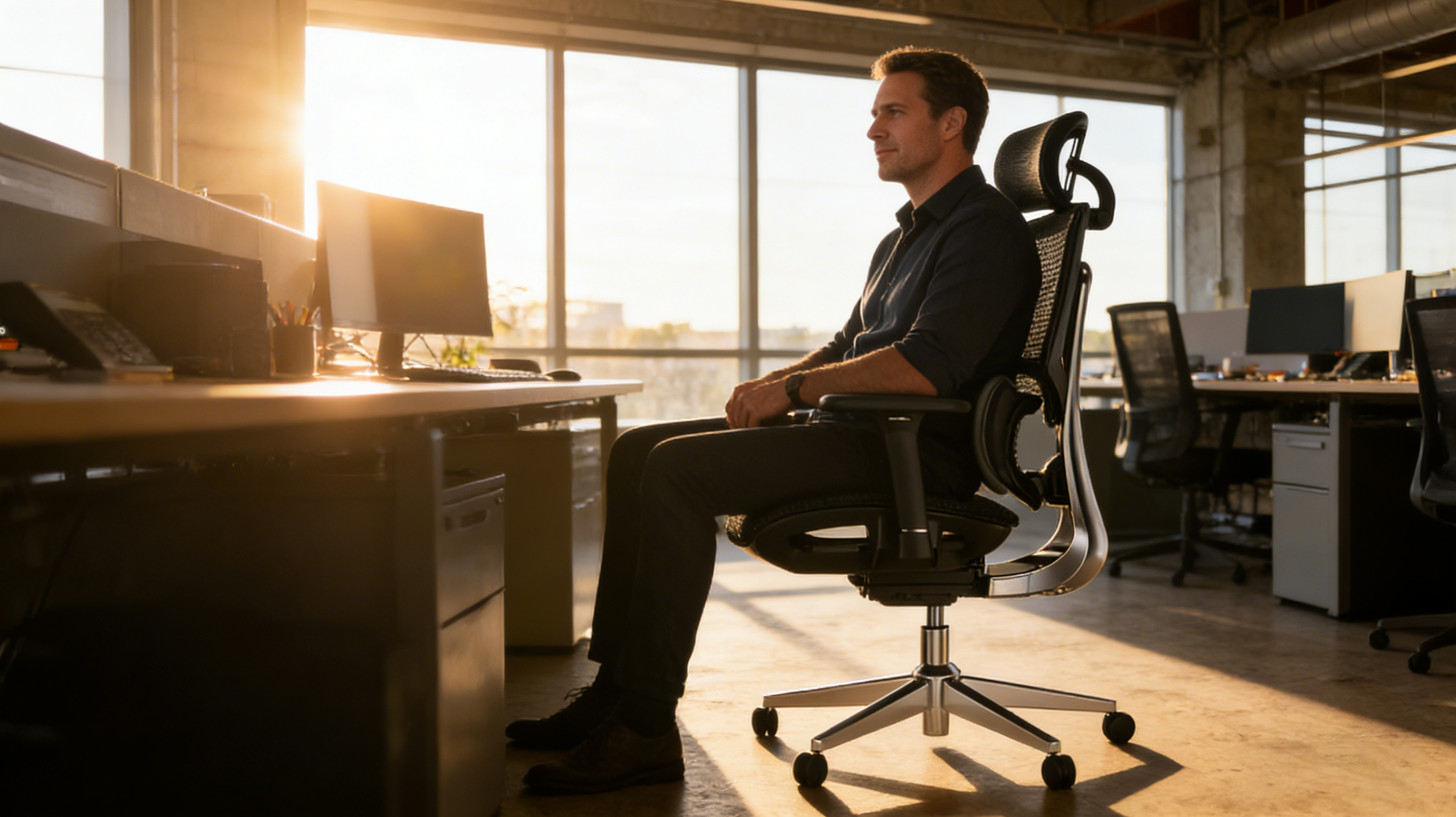 A tech startup founder in an Austin industrial loft using a black ergo office chair during a video conference.