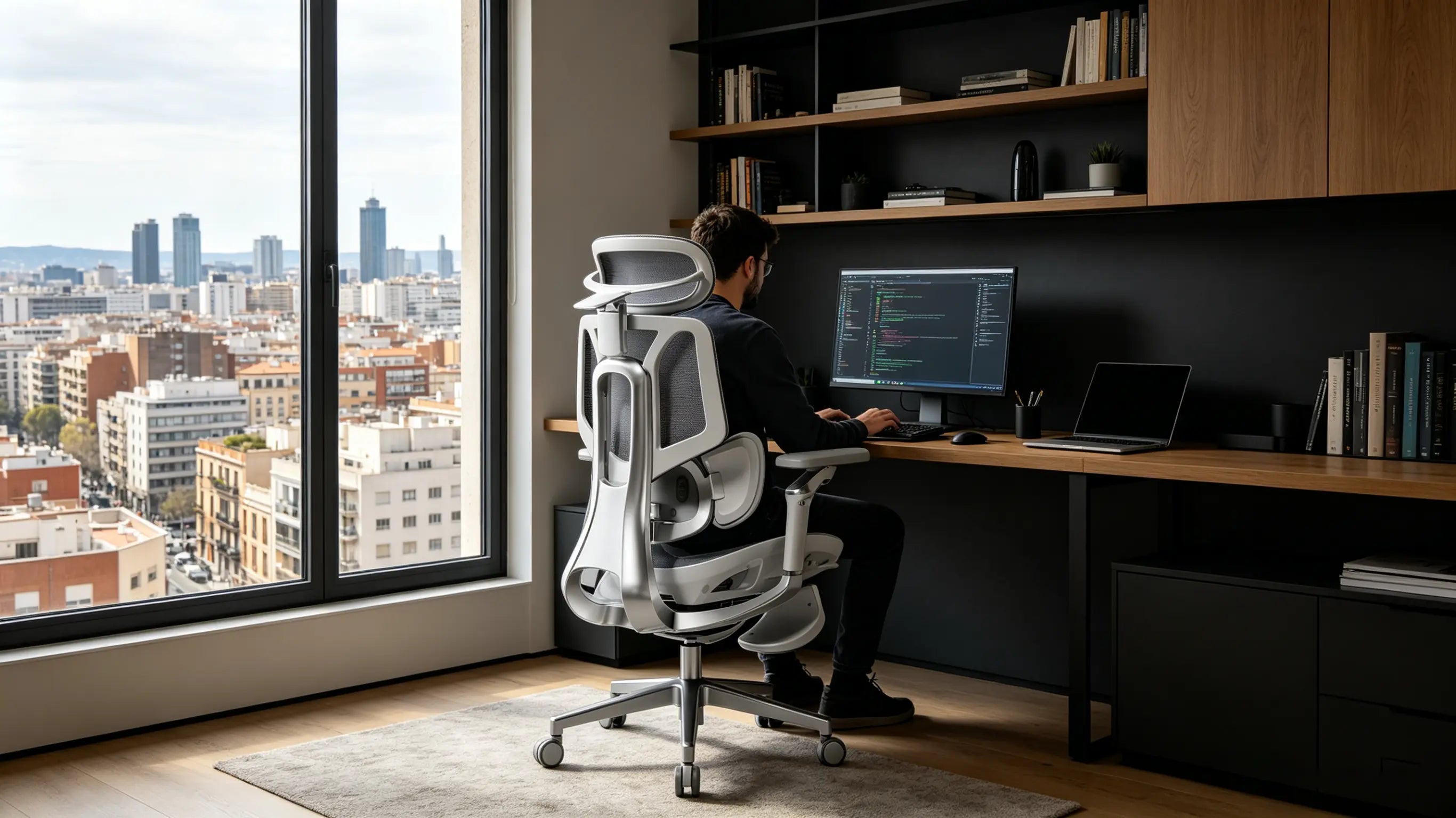 Ingeniero manteniendo el enfoque gracias a la ergonomía de su silla de escritorio ergonómica
