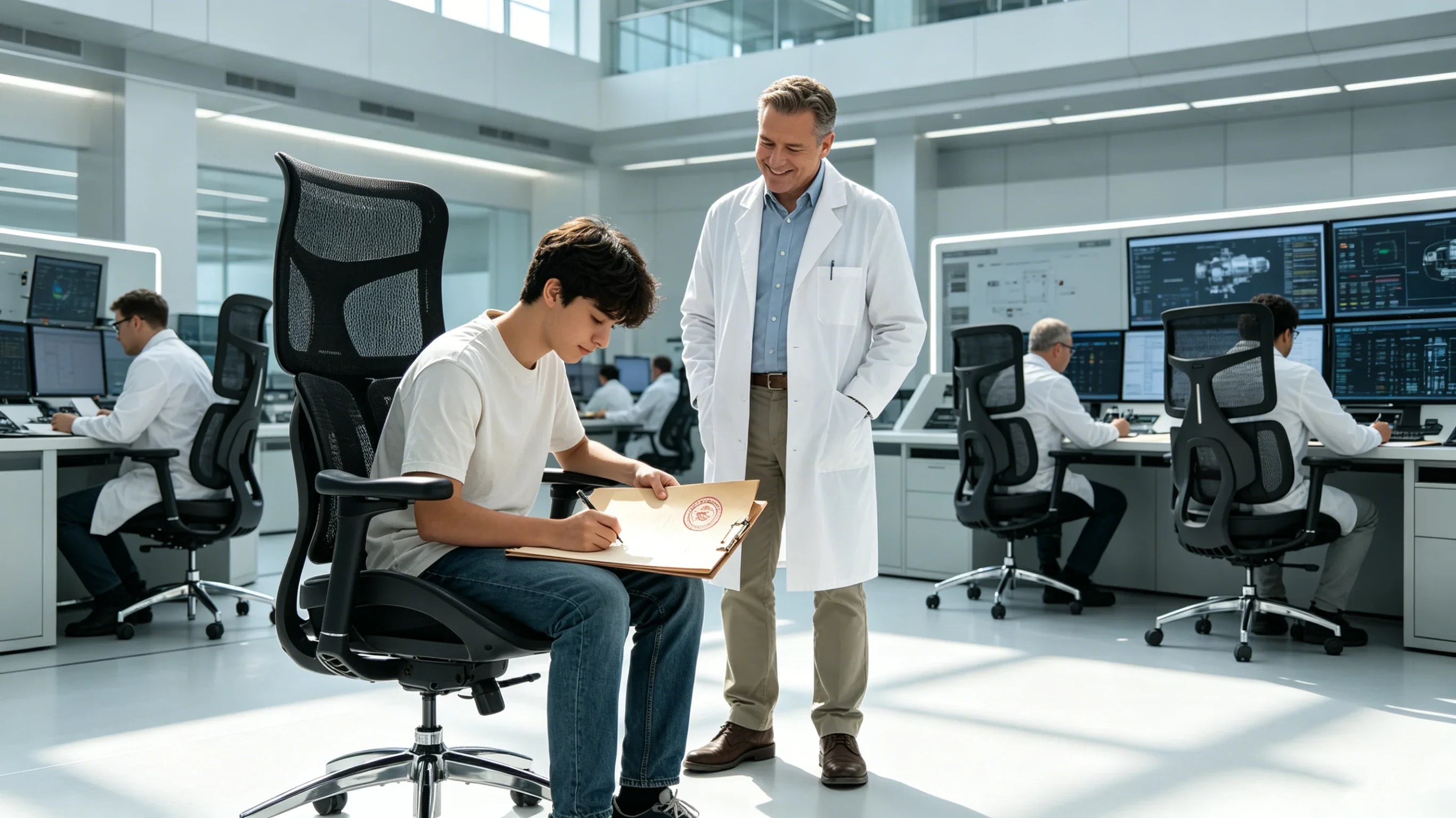 Full body shot of Dr. Marcus supervising a Caucasian medical student sitting deeply in the [study chair for students] within an orthopedic lab, complete figure visible.