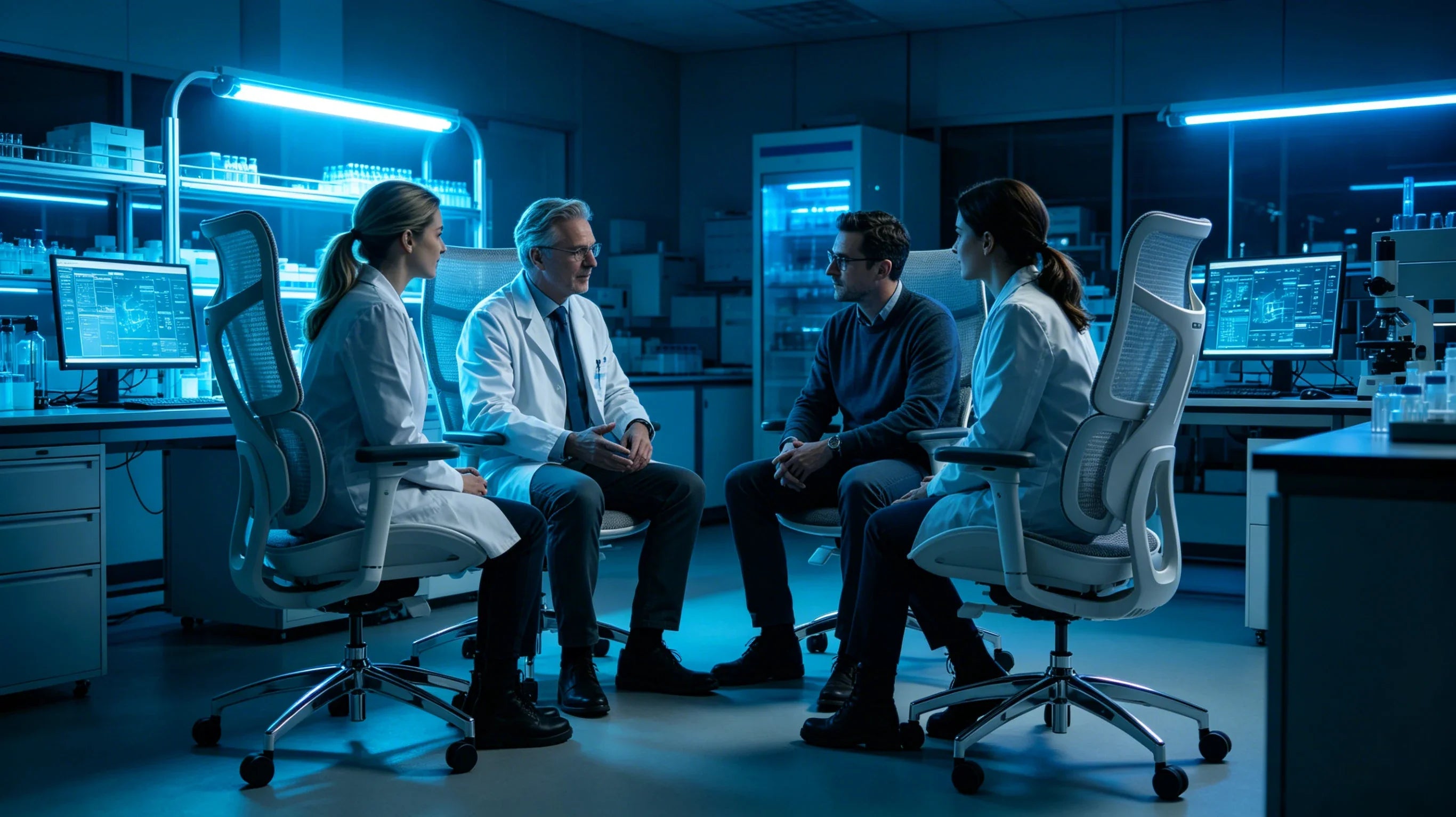 Full body integrity showing Dr. Voss and two colleagues discussing data near a row of ergonomic chairs.