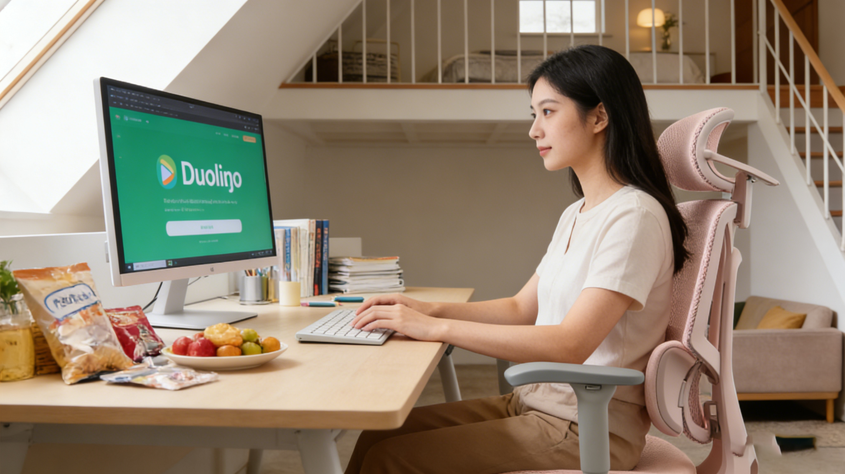 Immersive language learning session in a pink chair office ergonomic