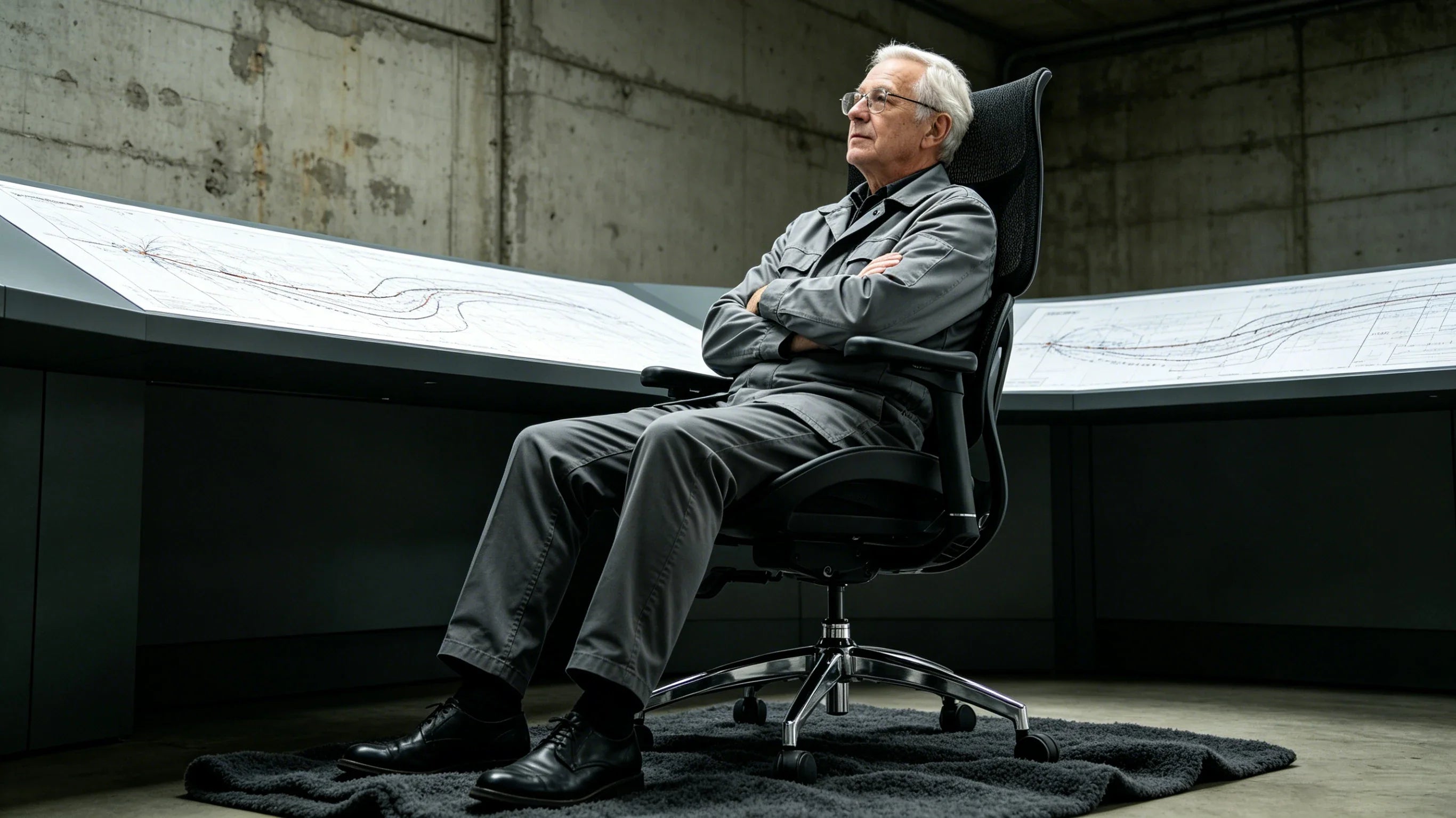 Full body shot of Dr. Gideon Sterling auditing particle trajectory layouts while utilizing the [office seat back support] at the titanium control desk.