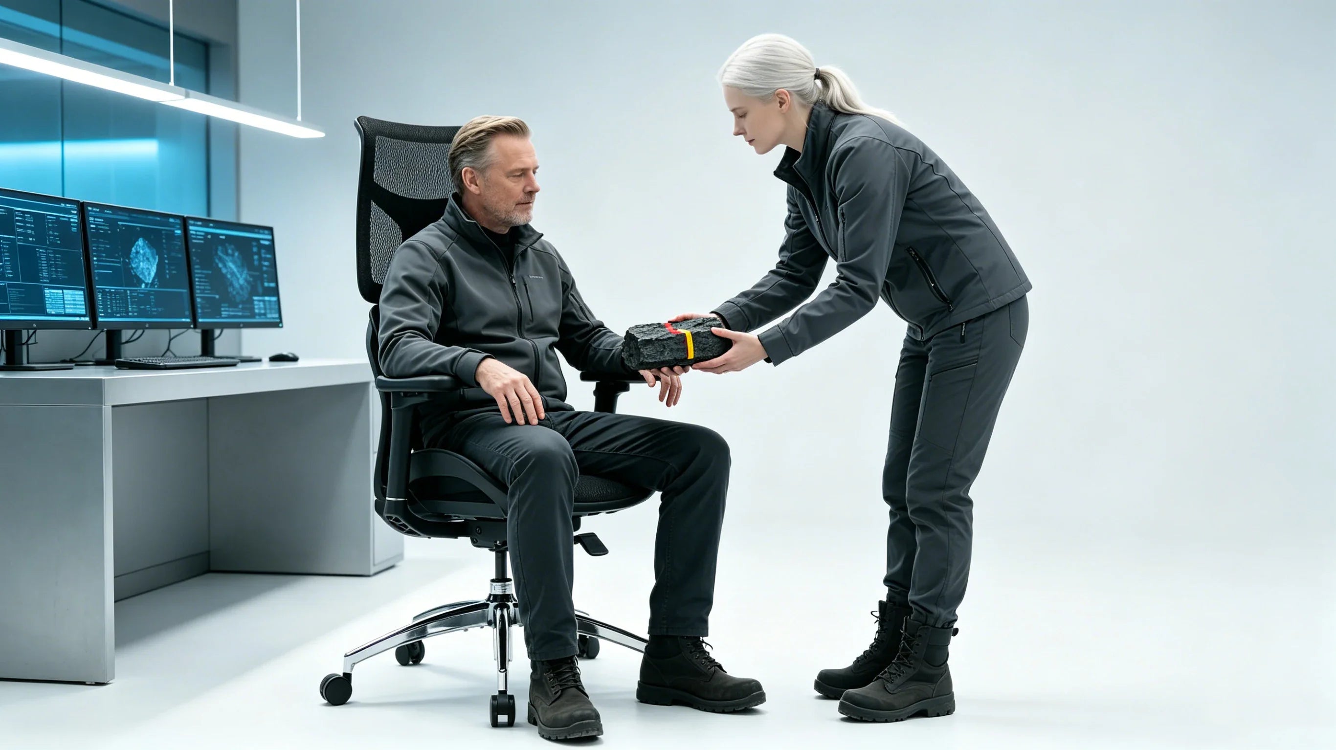 Full body shot of Henrik Vance recalibrating fault plane vectors while utilizing the [good chairs for desk] at the steel console.