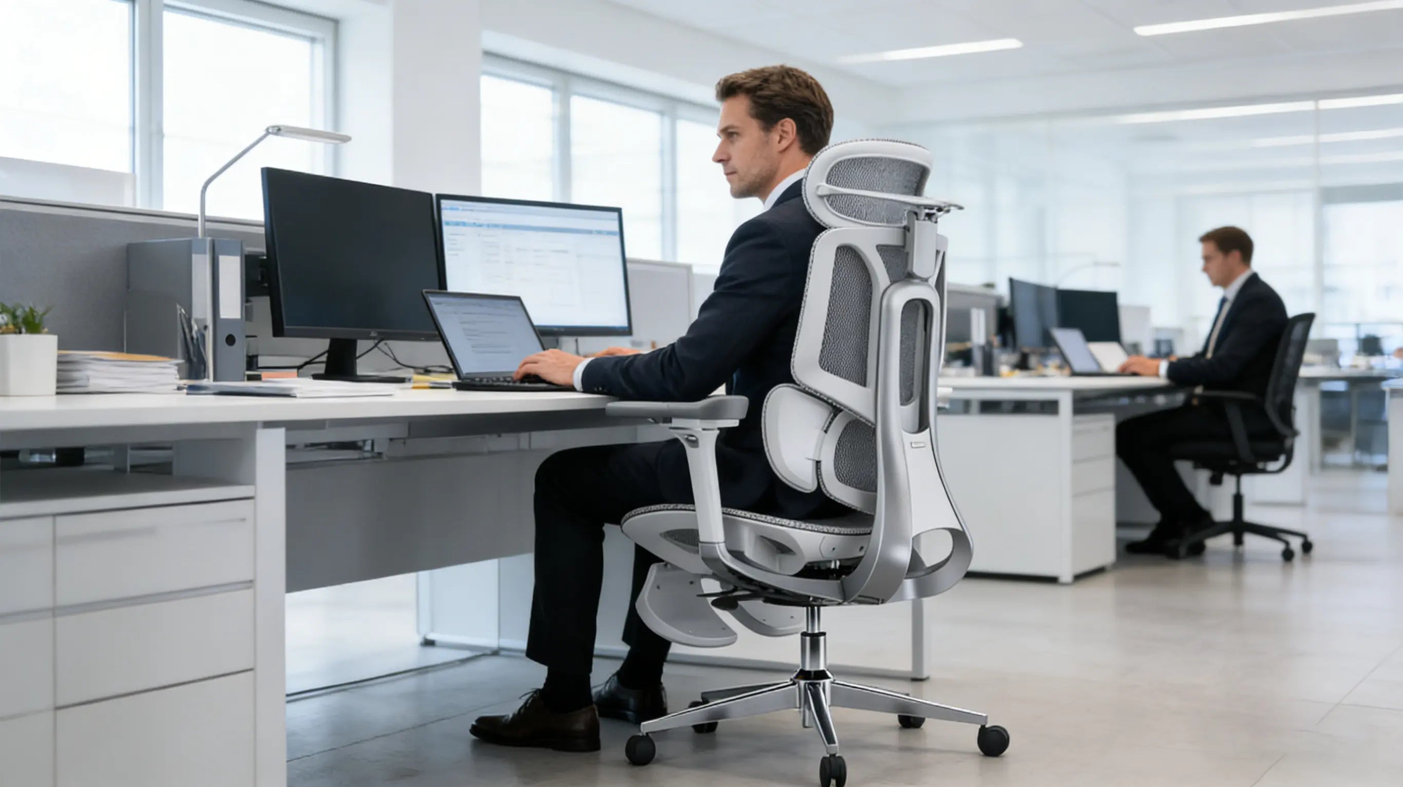 Nahaufnahme des hochwertigen, atmungsaktiven Mesh-Gewebes am ergonomischen bürostuhl.