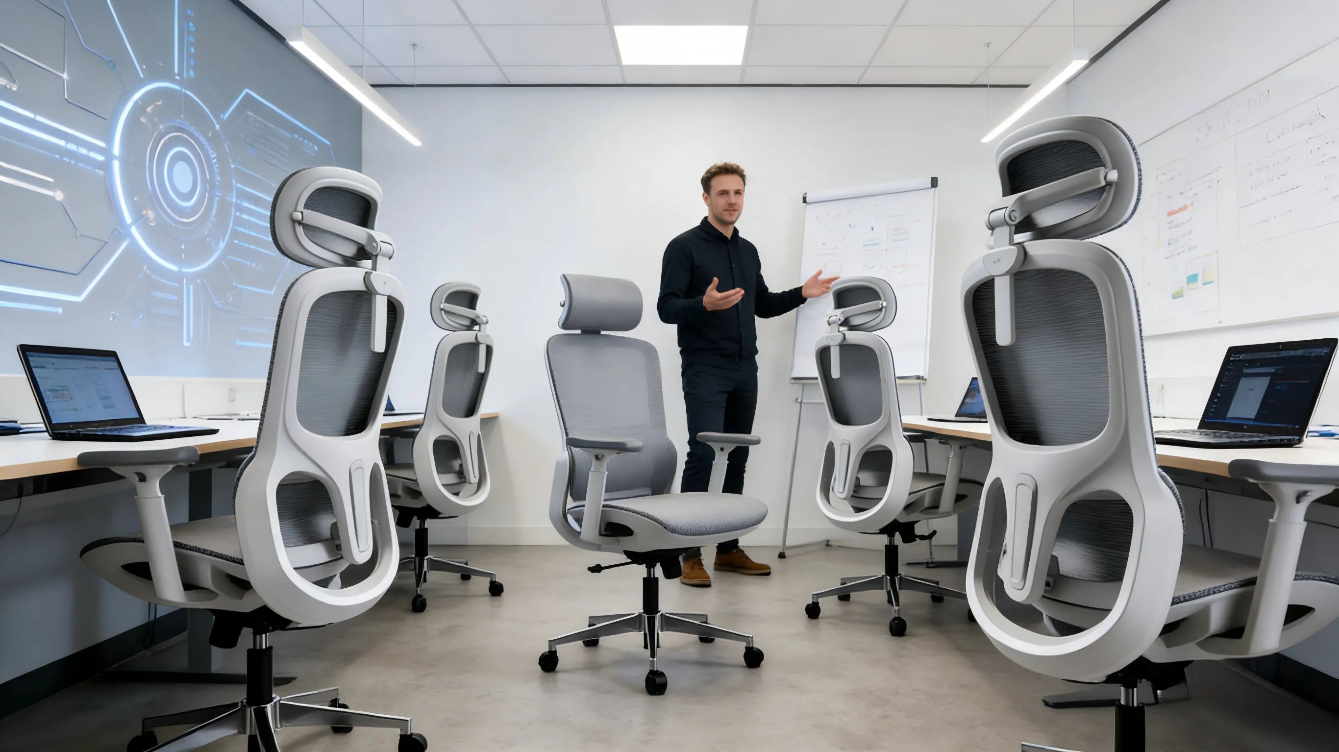A row of professional white-framed desk chairs in a modern London tech startup office.