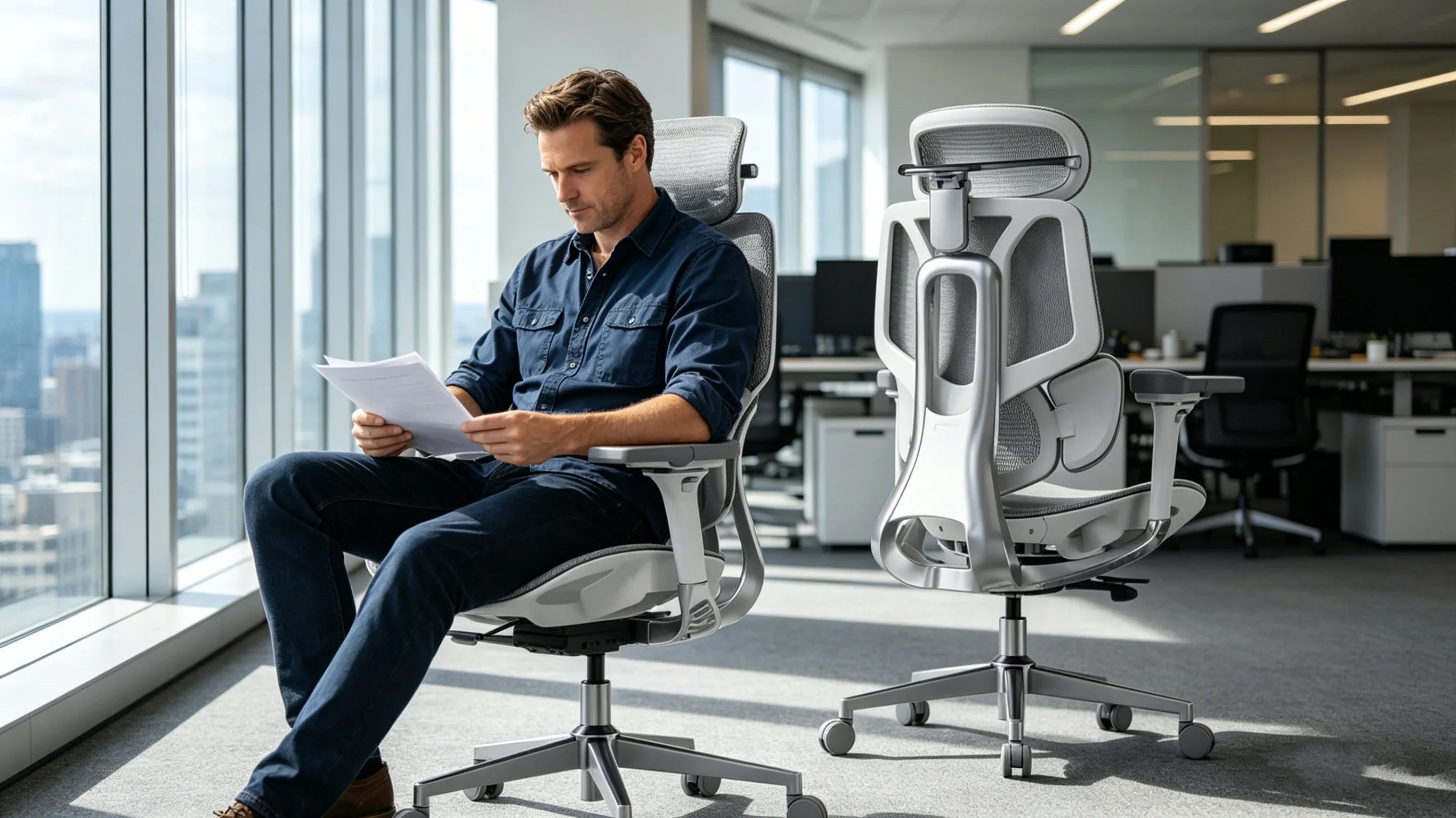 A professional European engineer inspecting the spinal alignment of [**lower back support chairs**].