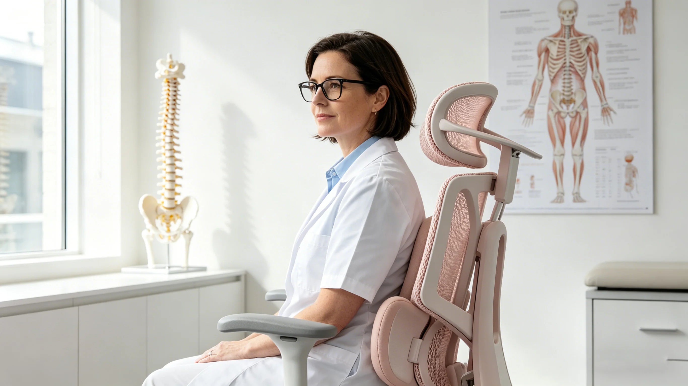Isla demonstrating the lumbar tracking of the [lower back support chairs] in her Melbourne clinic.