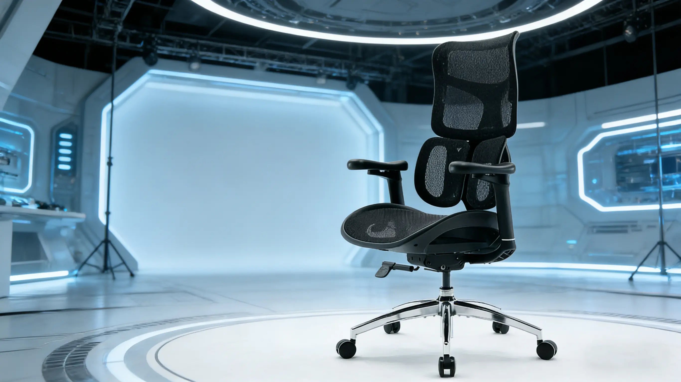 Diagram-style view of the Ergo Select lower back support chairs showing how the dual-wing system supports the L4-L5 lumbar region.