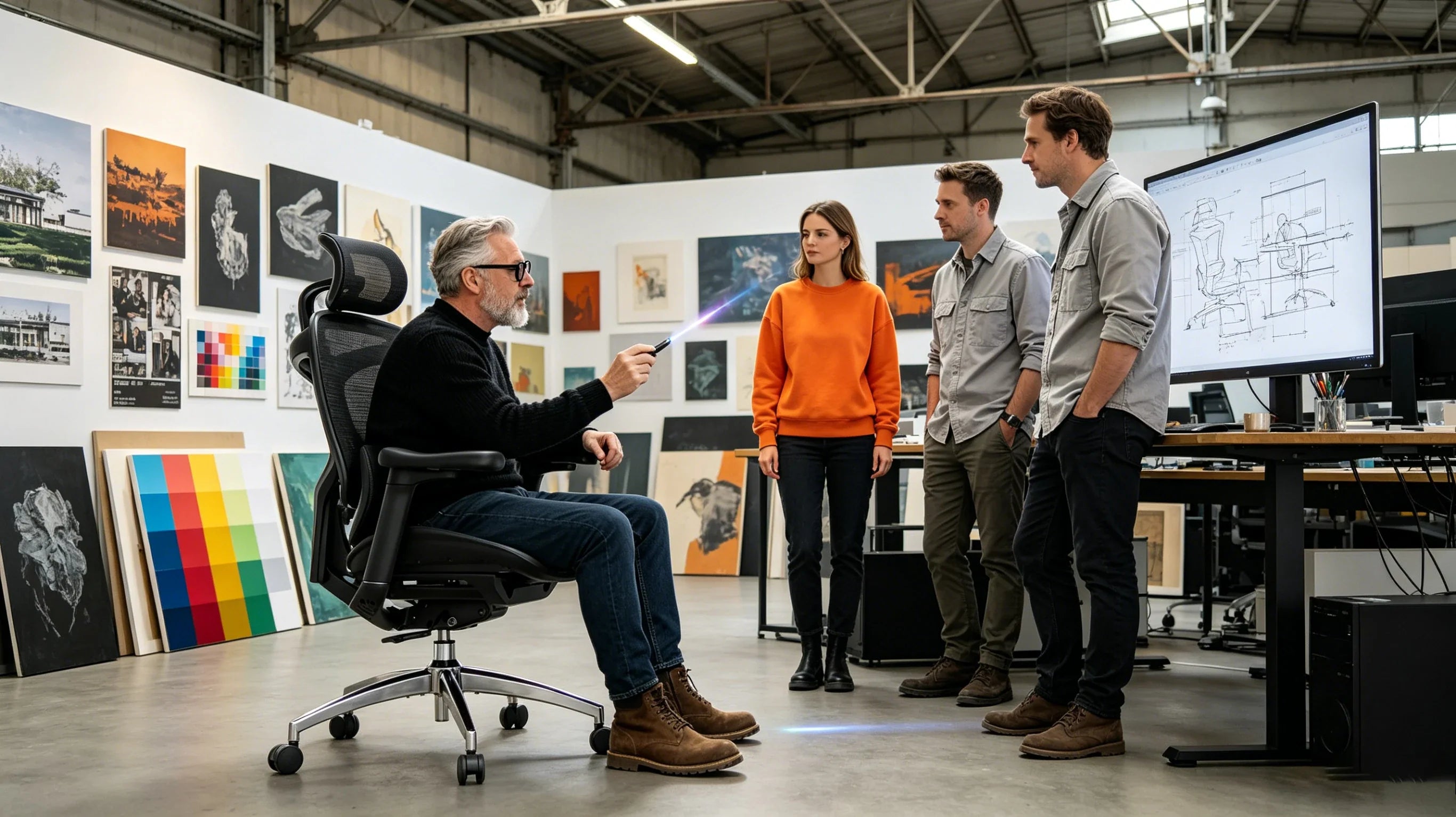 Full body view of a 46-year-old Caucasian male creative director in a black turtleneck sitting in the [lower back support for desk chair].