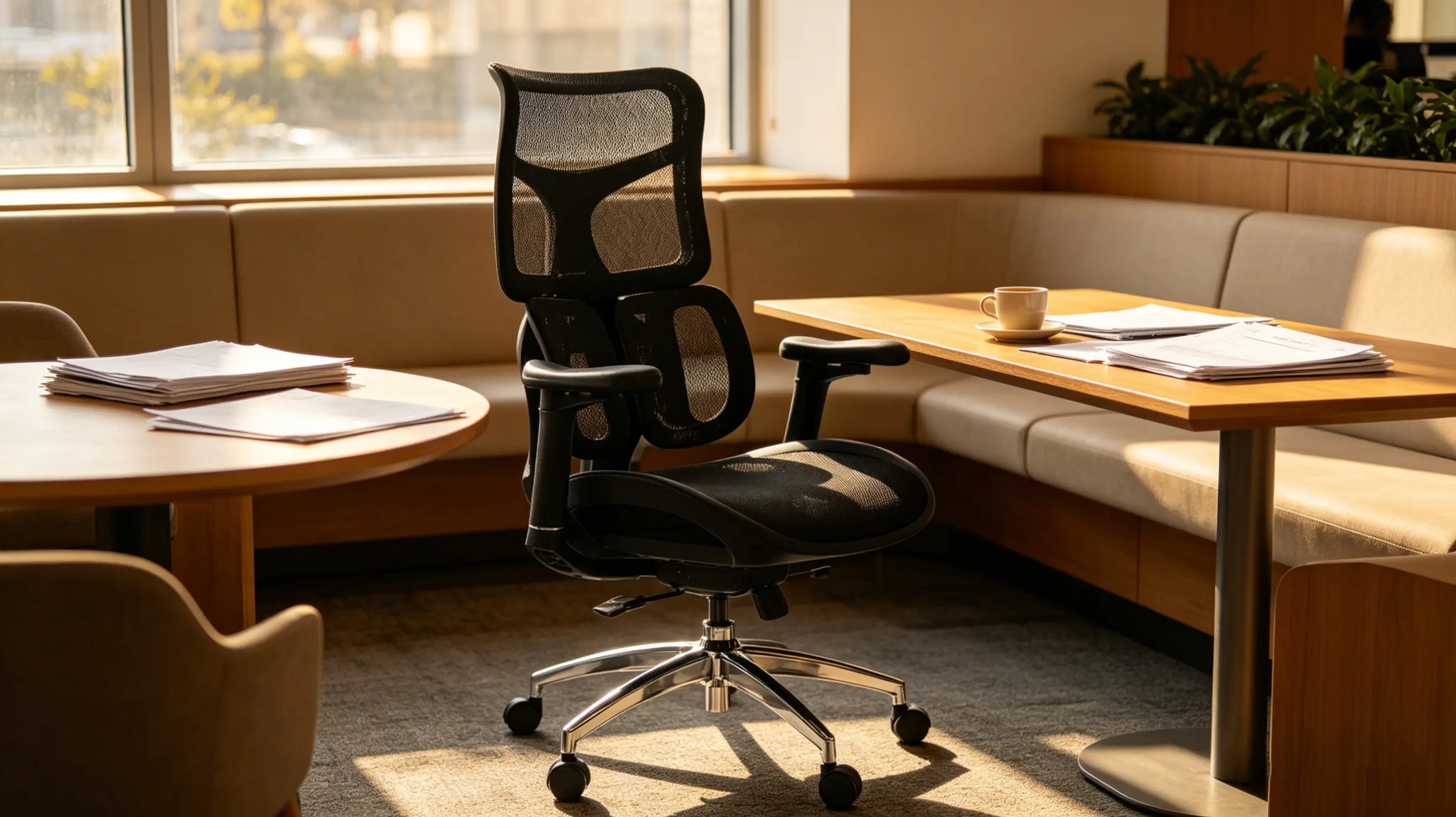 Rear view showing the bionic dual-wing support on the best desk chair providing spinal alignment for a focused auditor.