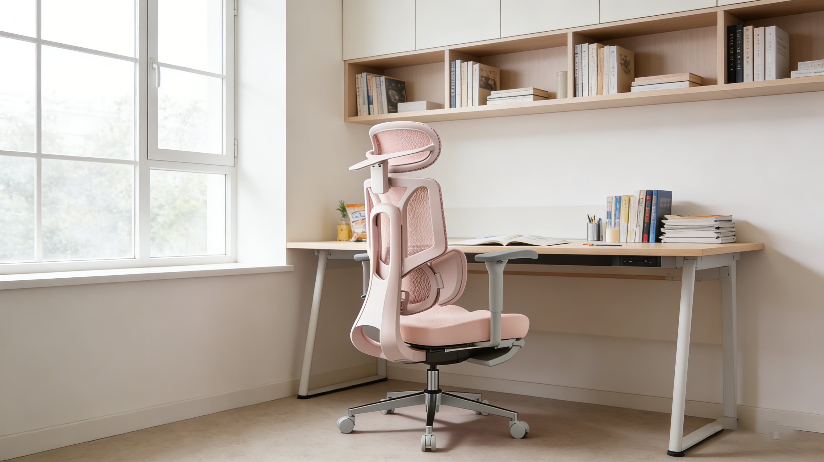Targeted lumbar support on a pink ergonomic office chair for back pain