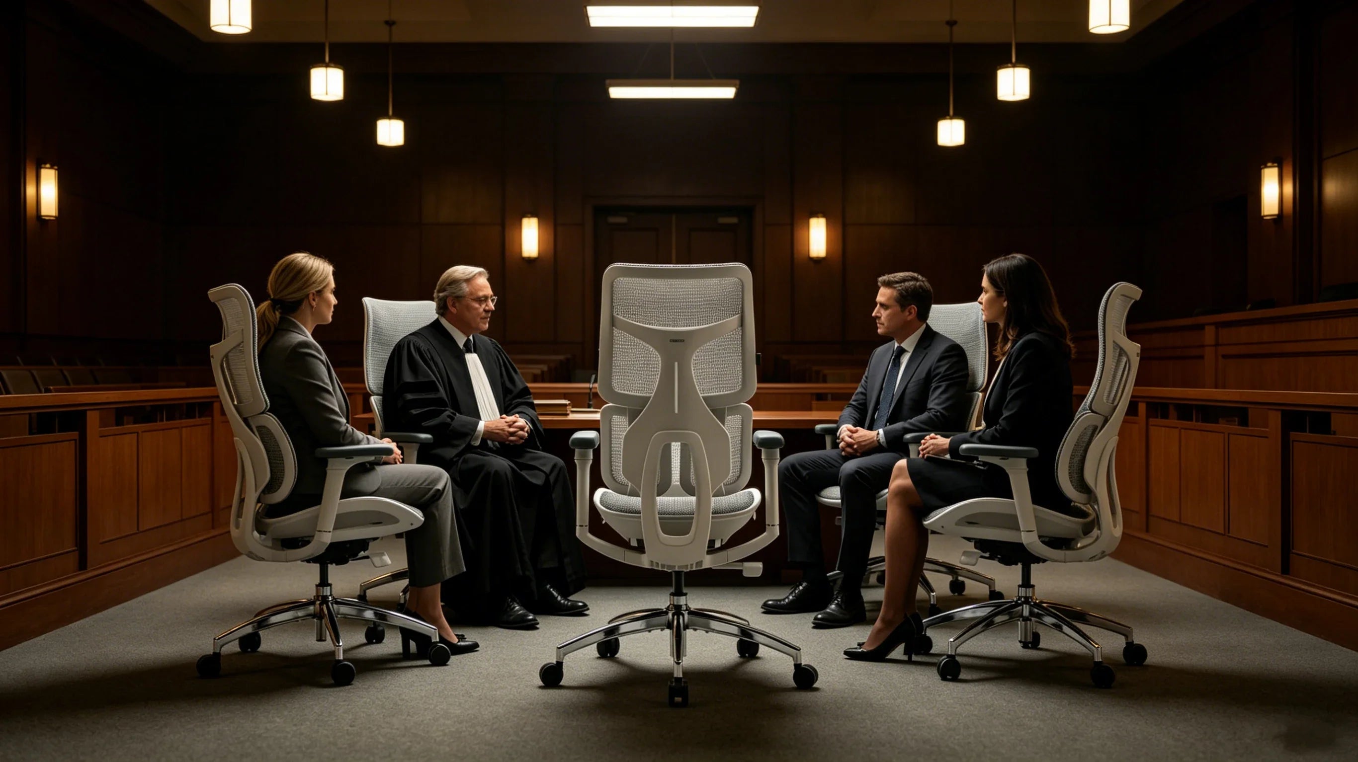 Full body view of Judge Marcus Sterling standing in a prestigious arbitration chamber next to a high-end minimalist ergonomic office chair.