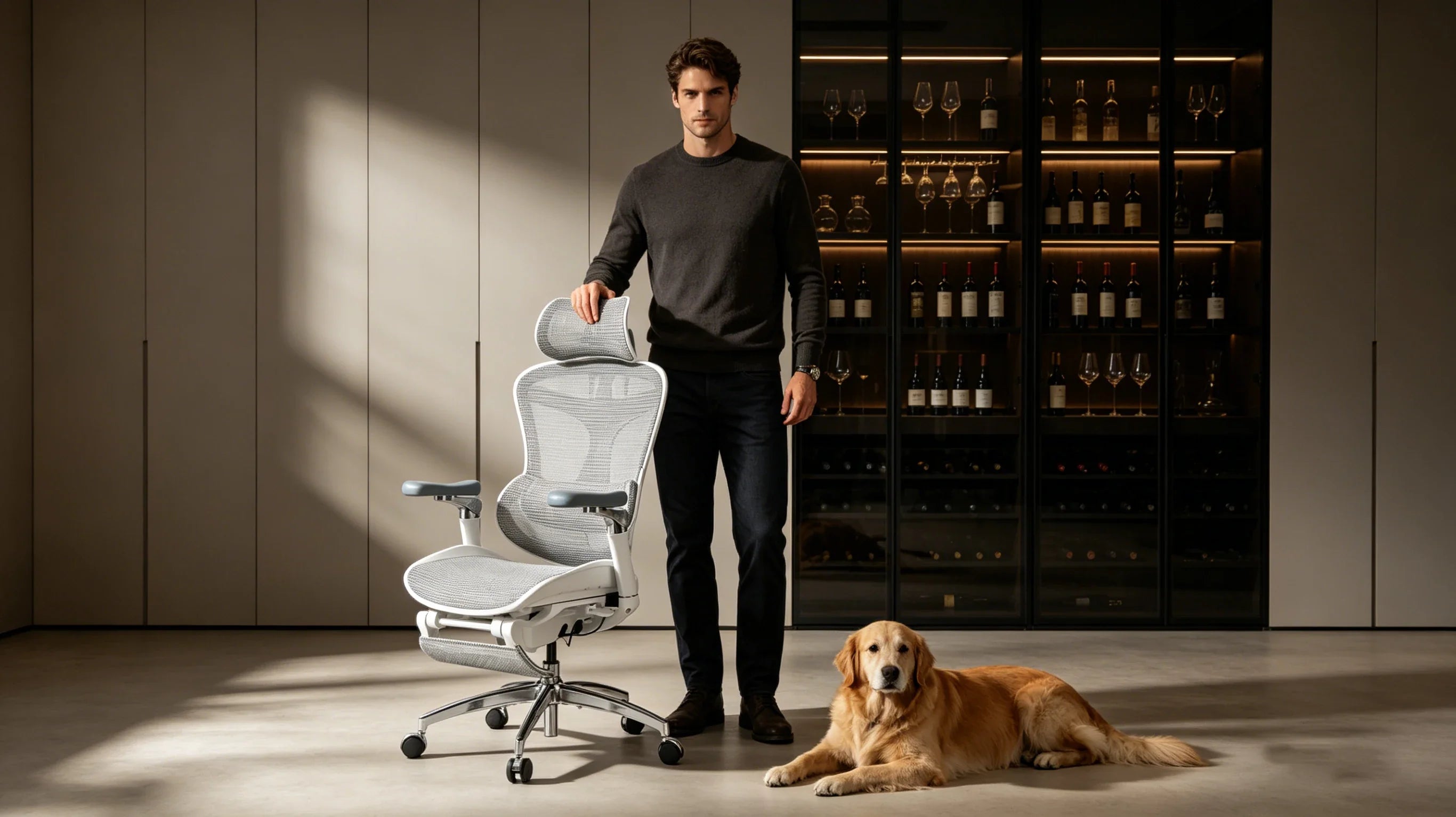 Full body view of a 40-year-old Caucasian male investor in a navy sweater sitting in the [best chair office ergonomic].