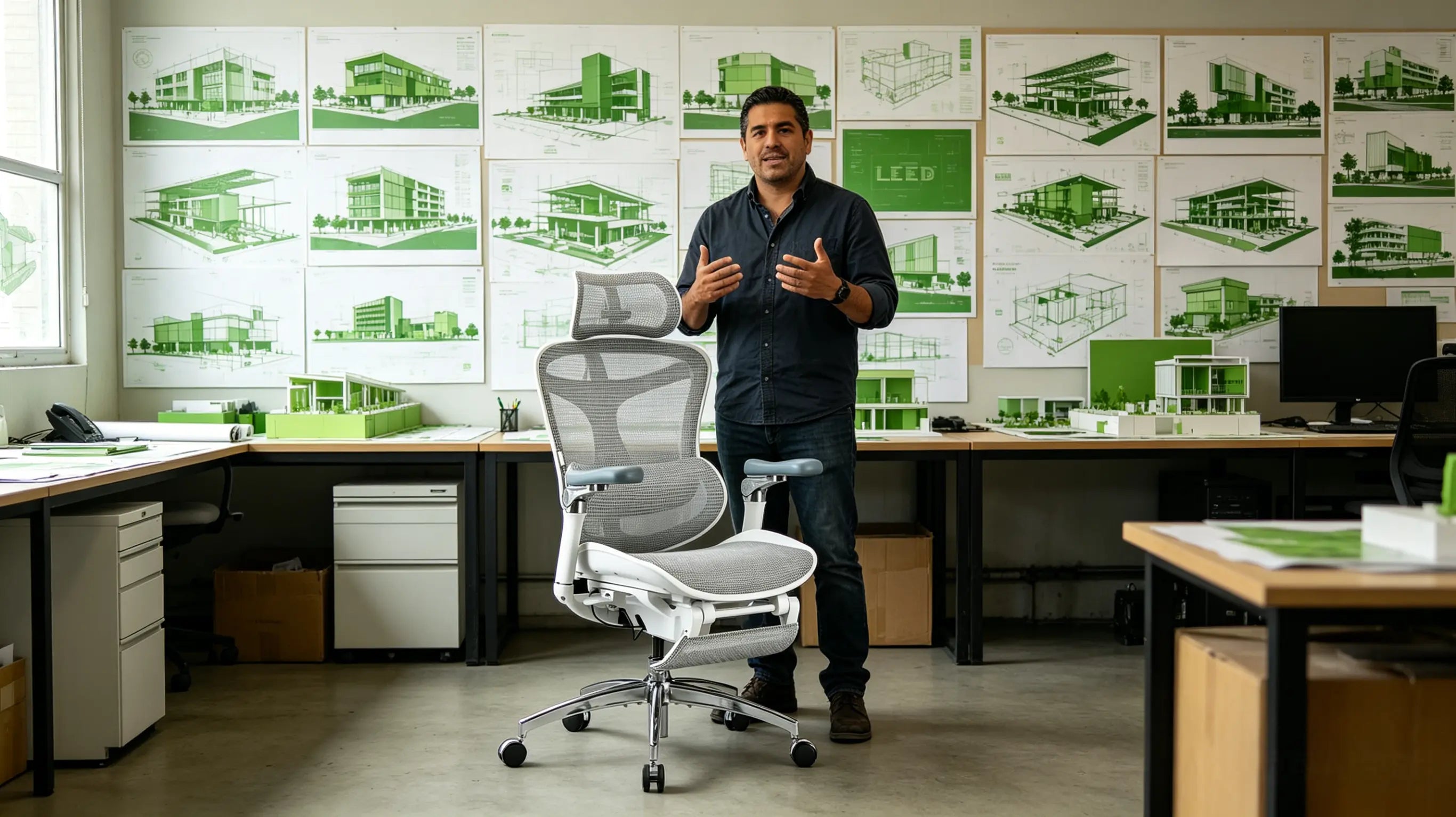 Andrés analizando certificaciones energéticas sentado en una de nuestras sillas para escritorio Ergo Select en Bilbao