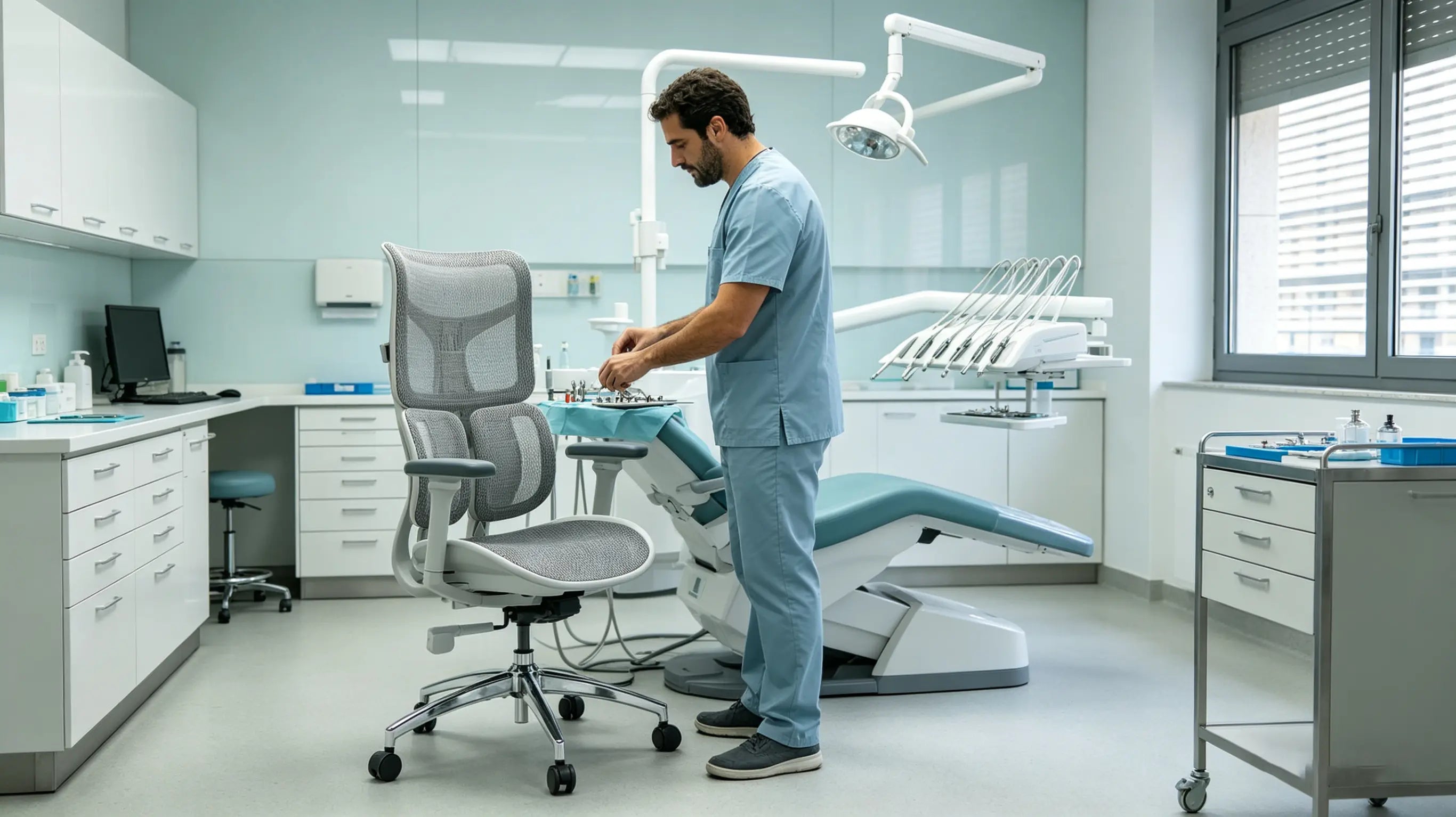 El Dr. Diego realizando una cirugía dental sentado en su silla ergonomica Ergo Select en Madrid.