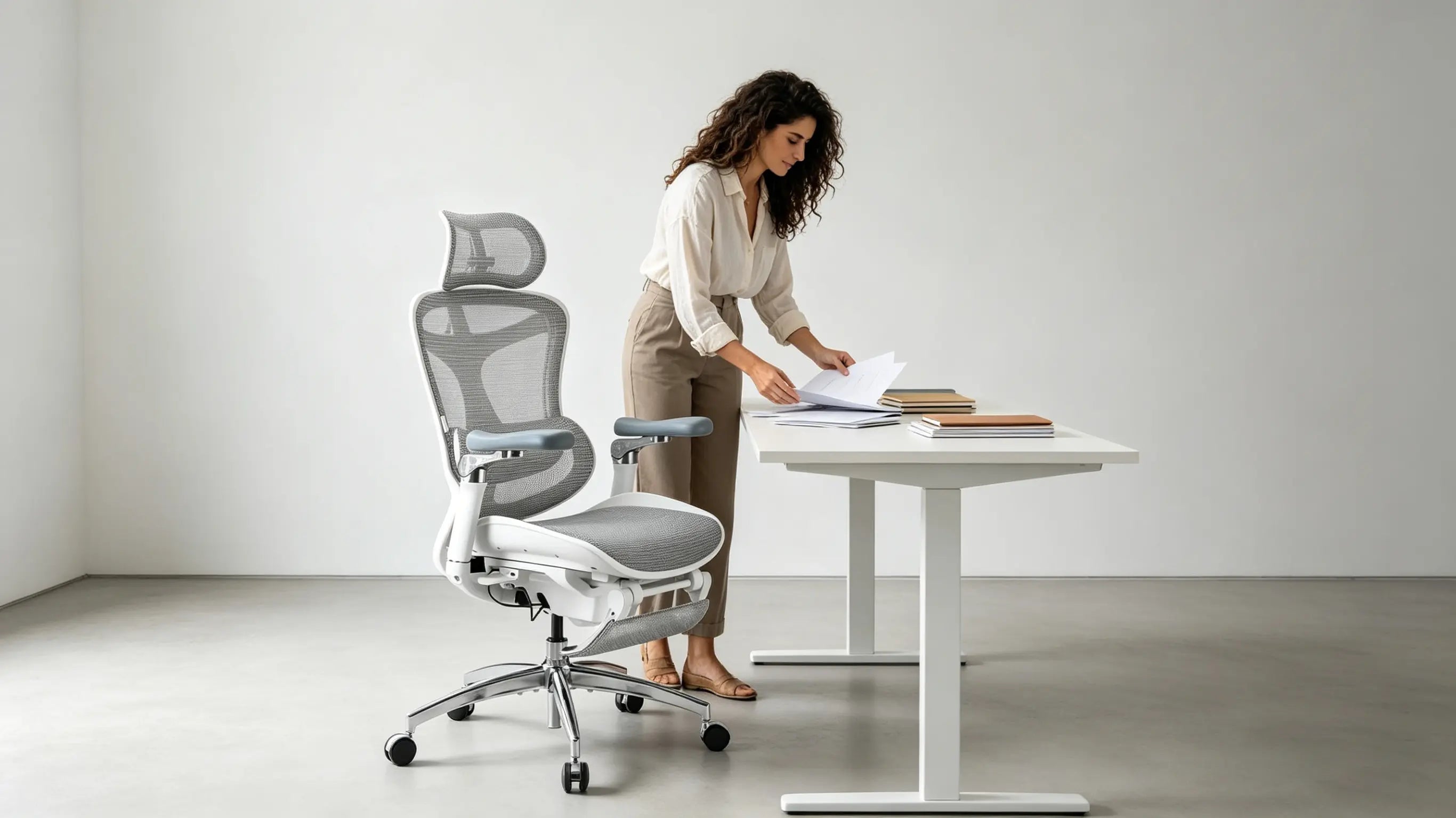 Marta trabajando en su escritorio minimalista con una silla de escritorio comoda Ergo Select en color blanco.