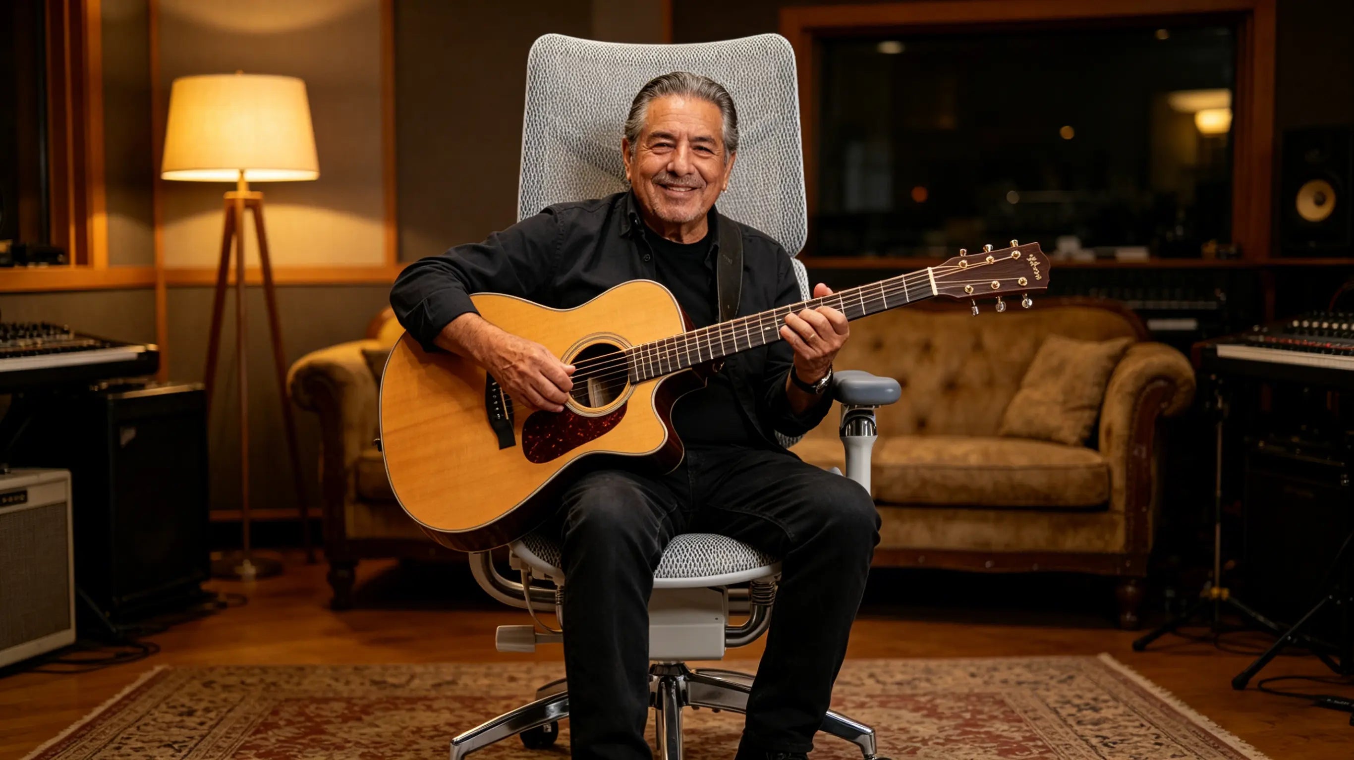 Hugo examining guitar wood grains while sitting on his sillón ergonómico of Ergo Select in Córdoba.