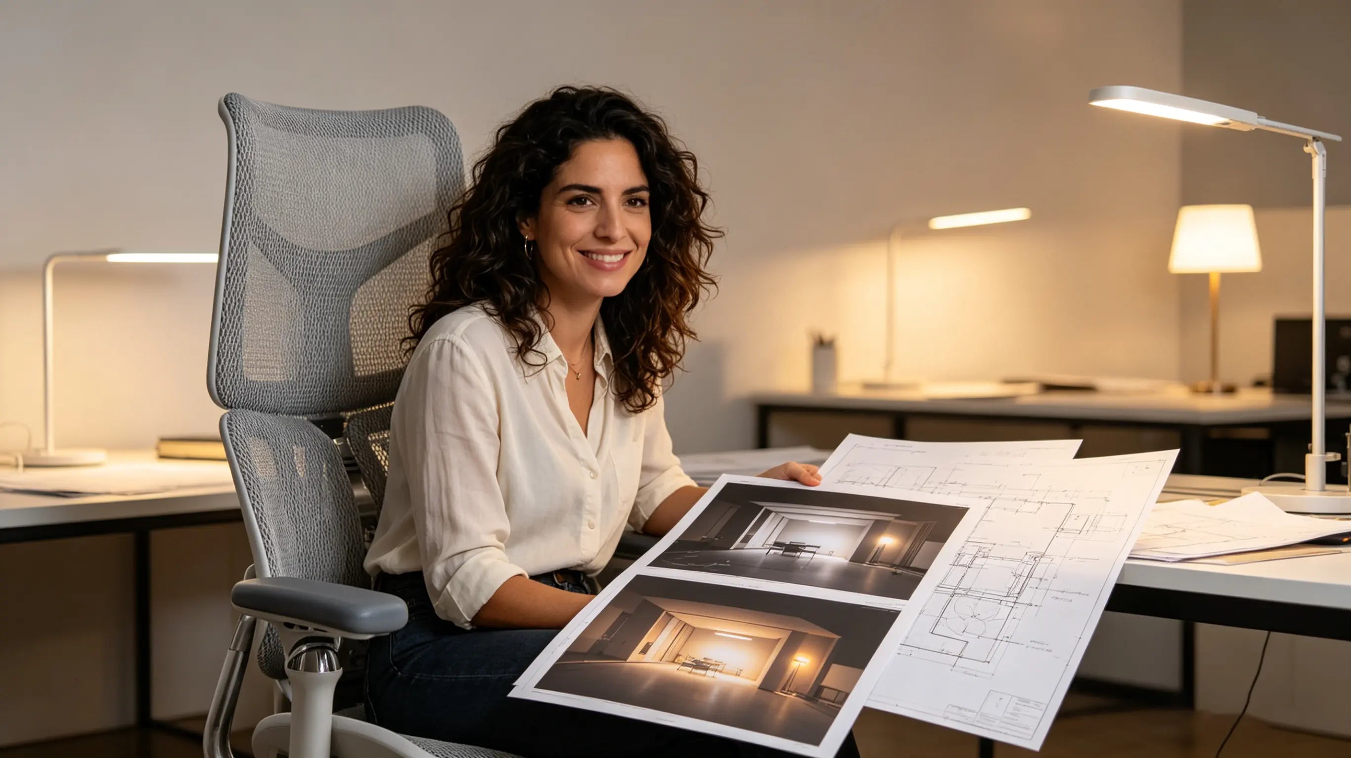 Lucía reviewing lighting plans while sitting on her silla ergonómica of Ergo Select in Sevilla.