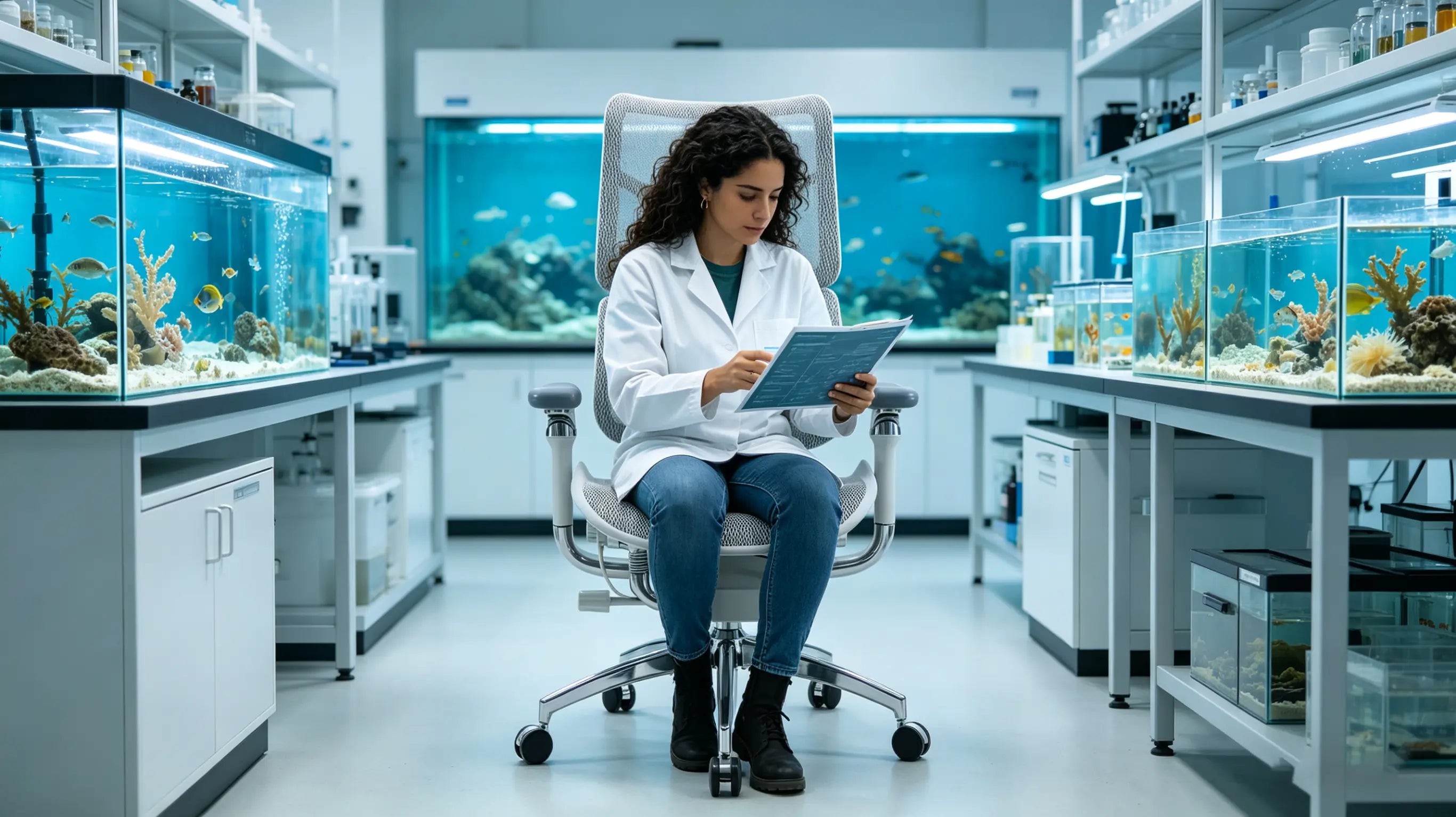 Júlia reviewing oceanographic data while sitting on her sillón ergonómico of Ergo Select in Vigo.