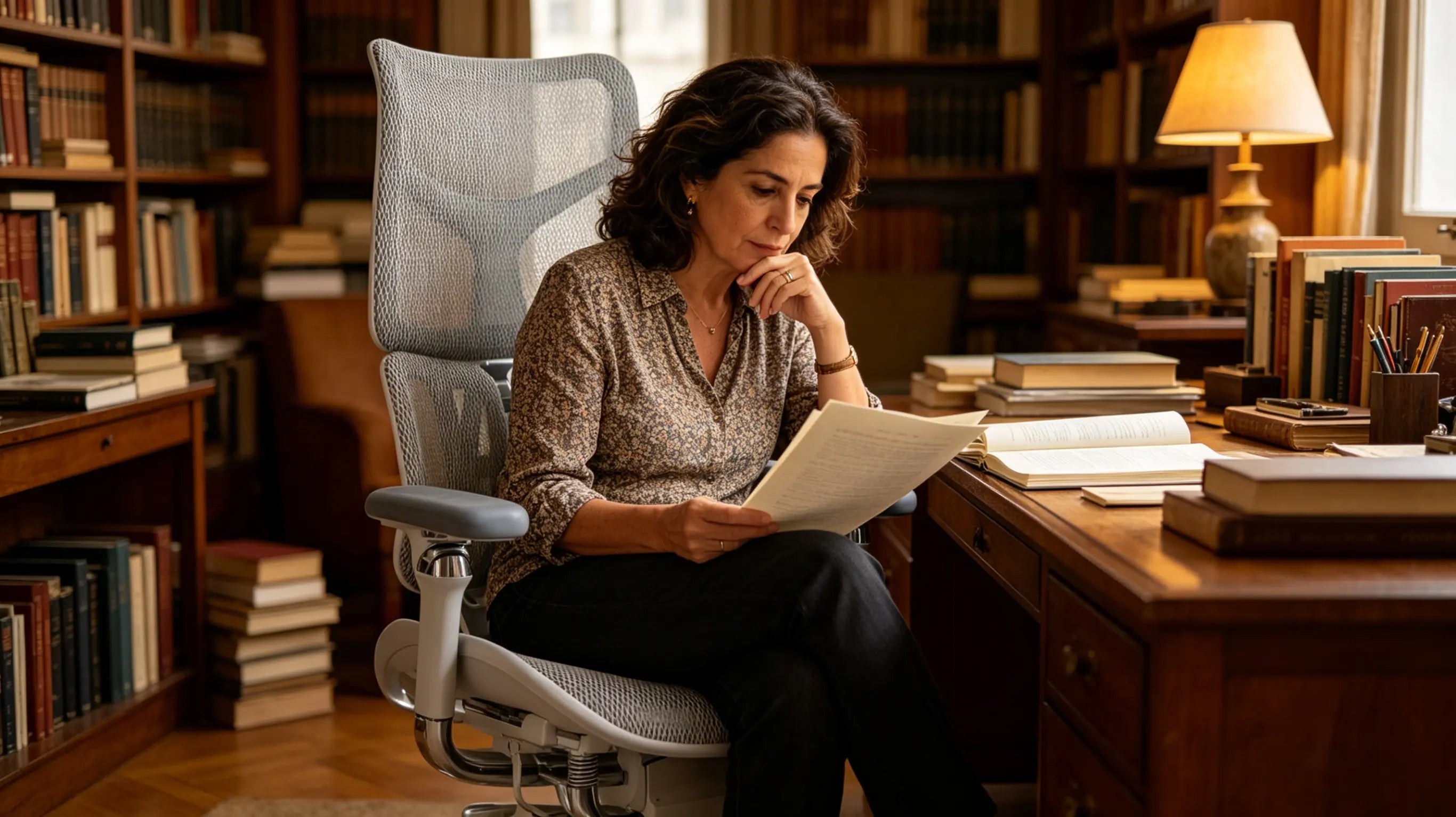 Beatriz reviewing literature manuscripts while sitting on her sillas ergonómicas of Ergo Select in Toledo.