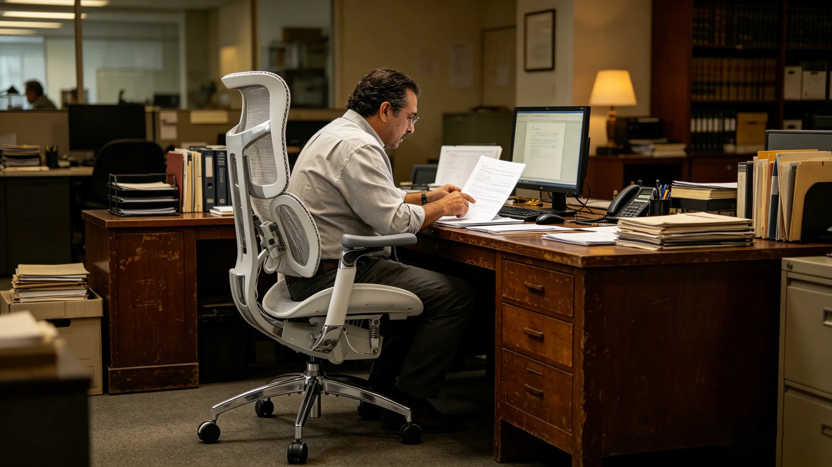 Pablo analyzing linguistic texts while sitting on his sillón ergonómico of Ergo Select in Salamanca.
