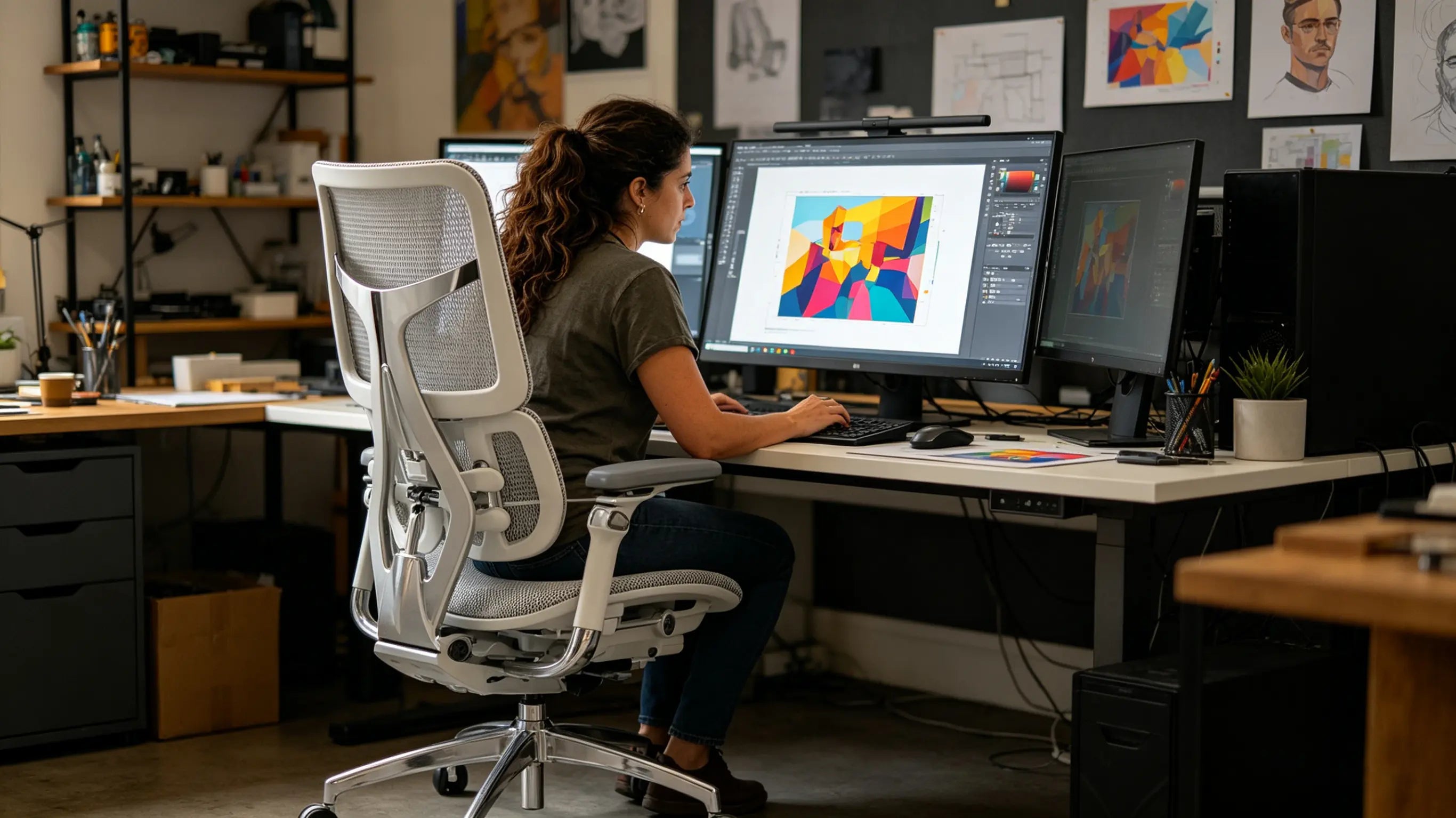 Marta reviewing digital illustration files while sitting on her sillón ergonómico of Ergo Select in Segovia.