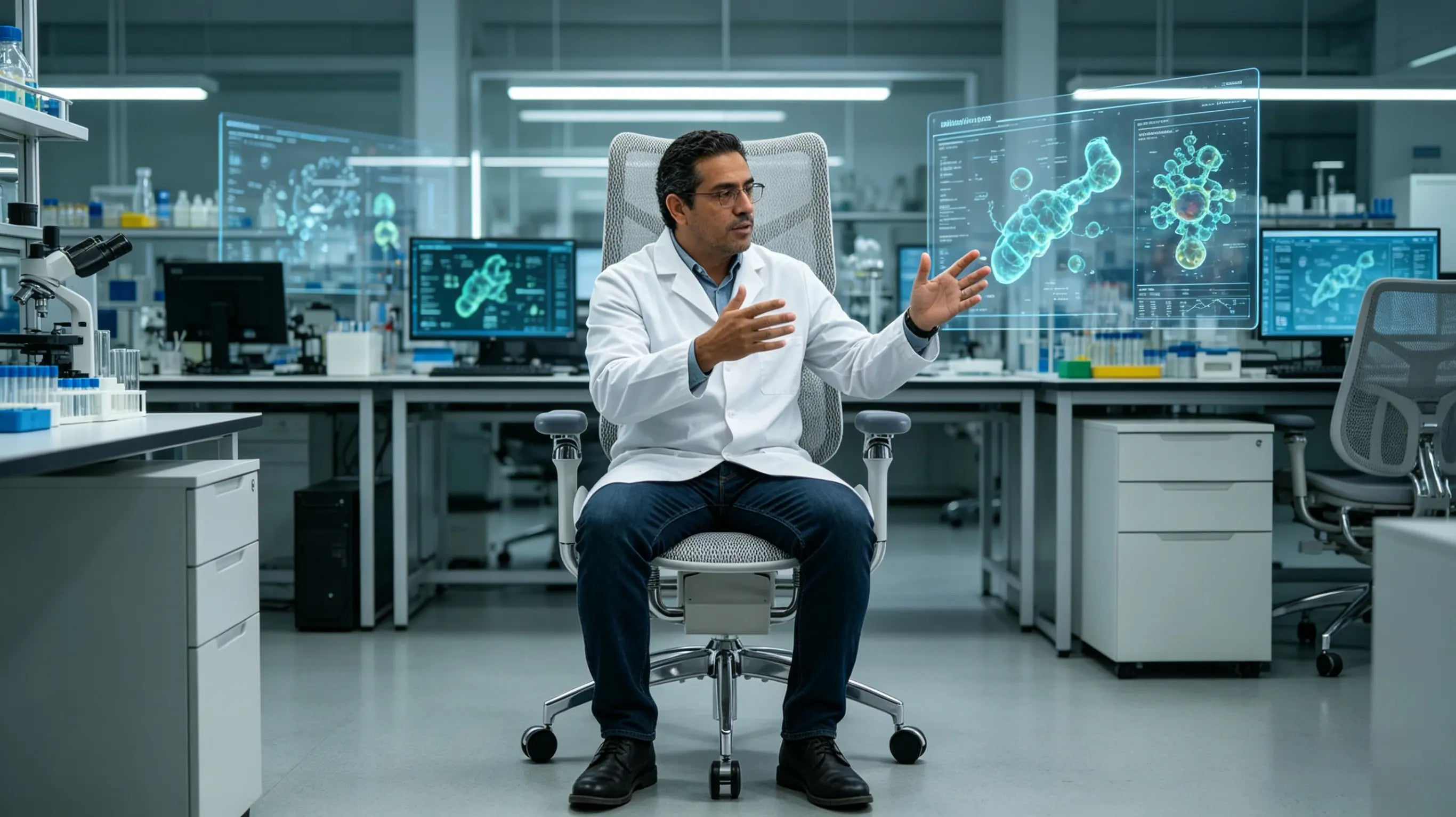 Enrique reviewing biological data models while sitting on his sillón ergonómico of Ergo Select in Almería.